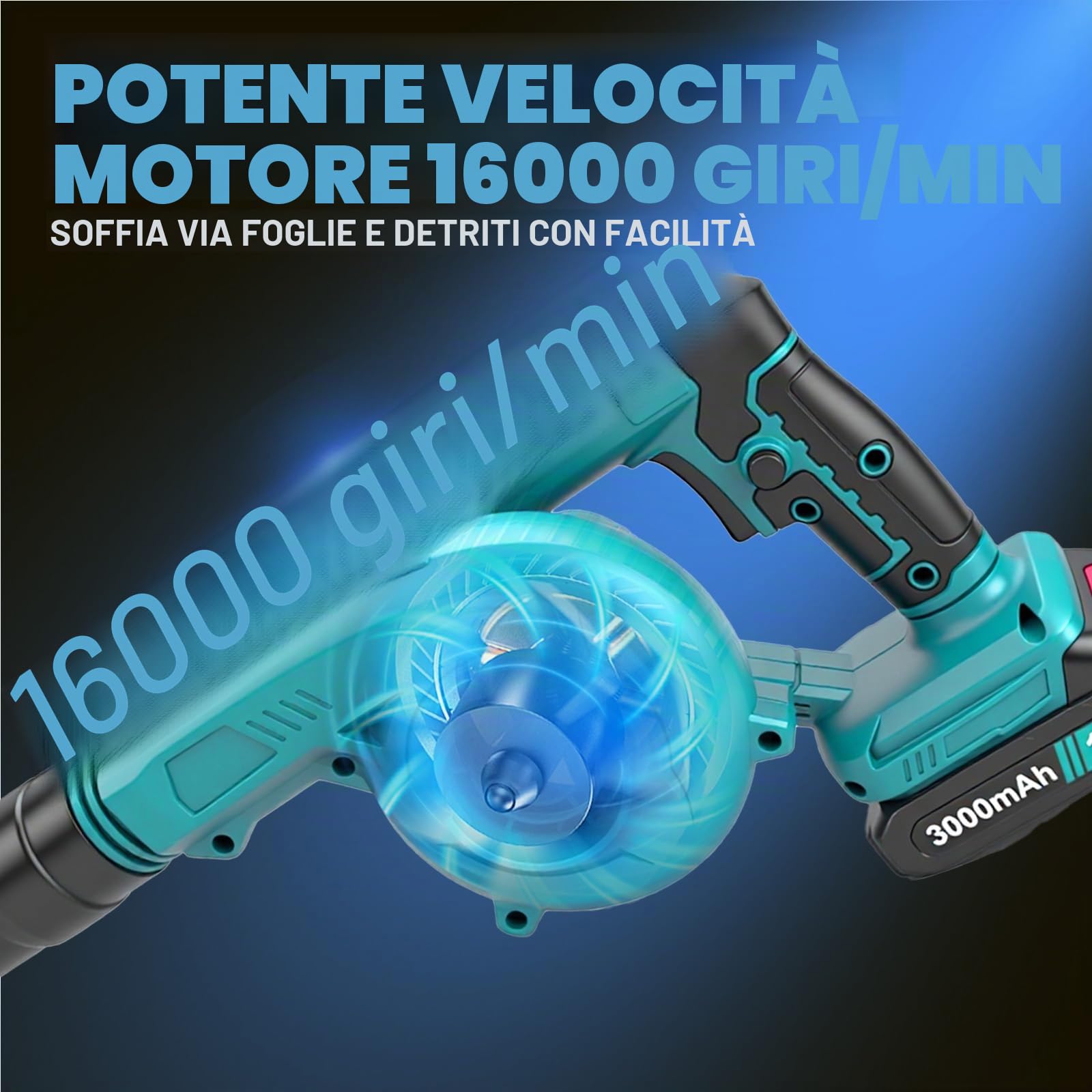 Soffiatore a batteria, con 2 3000 mAh, 18 V, 2 in 1, leggero soffiatore elettrico e tettarella per la cura del prato, bolle di foglie, auto, rimozione della polvere negli angoli, uso
