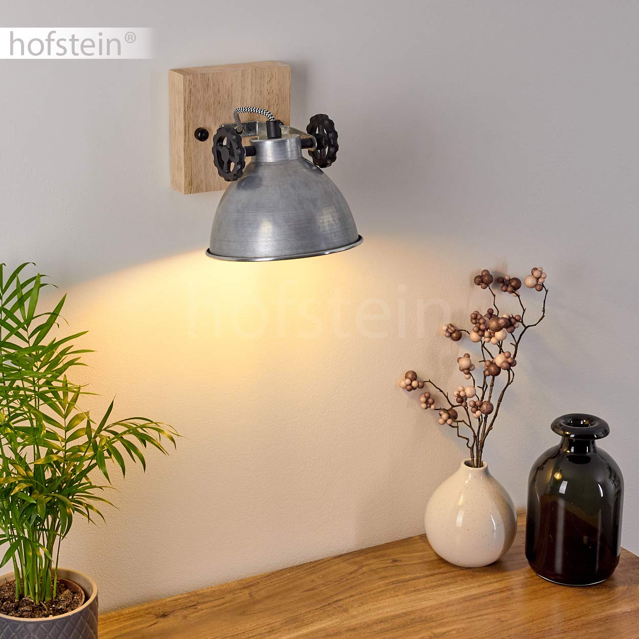 Lampada da parete Svanfolk, lampada da parete in metallo e legno in argento/marrone, 1 luce, con faretto regolabile, 1 attacco E14, design retro/vintage, senza lampadina/e