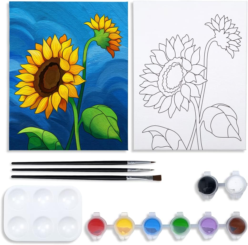 VOCHIC Canvas Painting Kit, 8x10 Pre Drawn Sunflower Art, 8 Acrylic Colors, 3 Brushes, Pallet, Adult Party Supplies