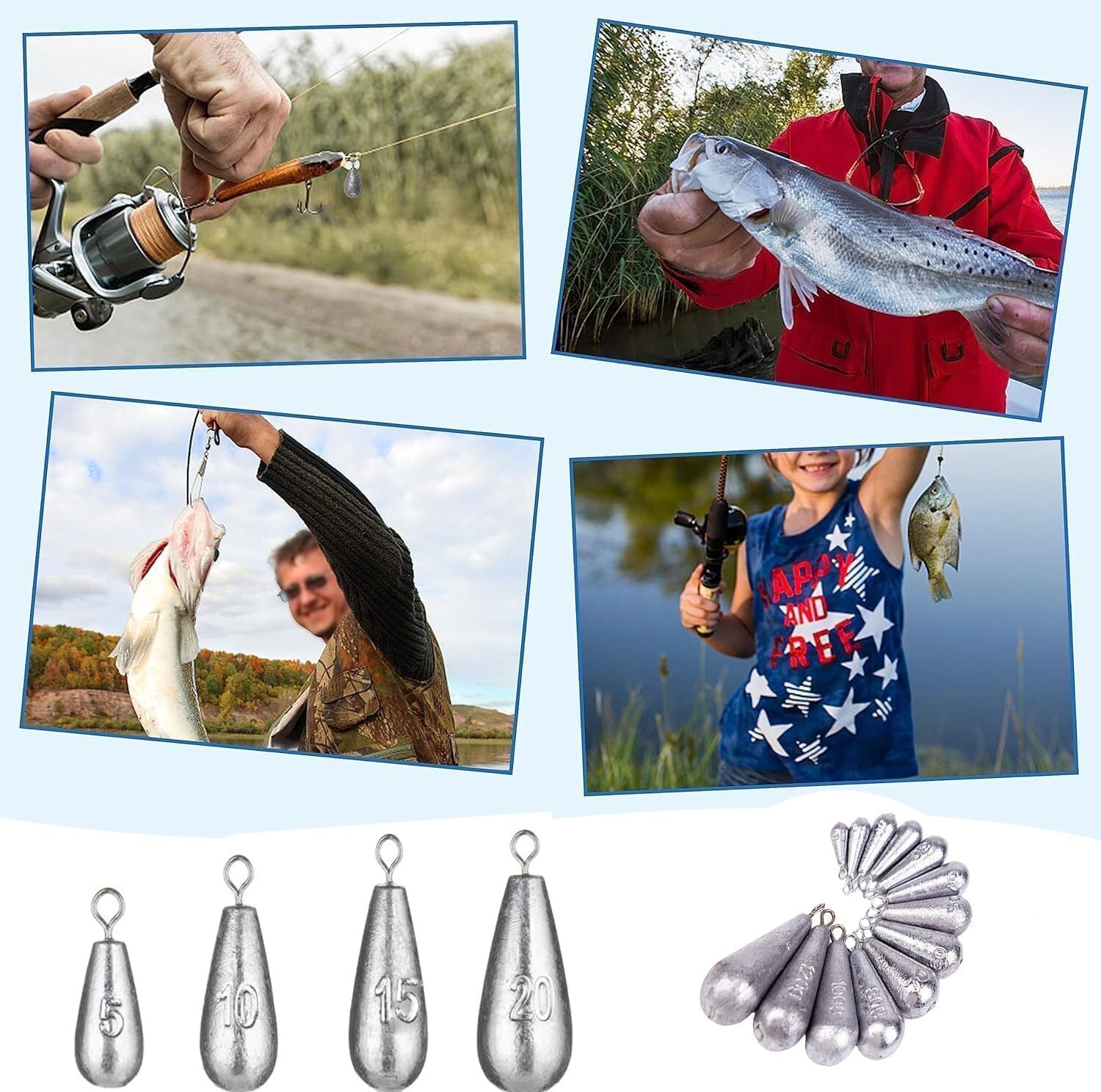 A hand holding a selection of pear-shaped fishing sinkers, showcasing their compact size and design.