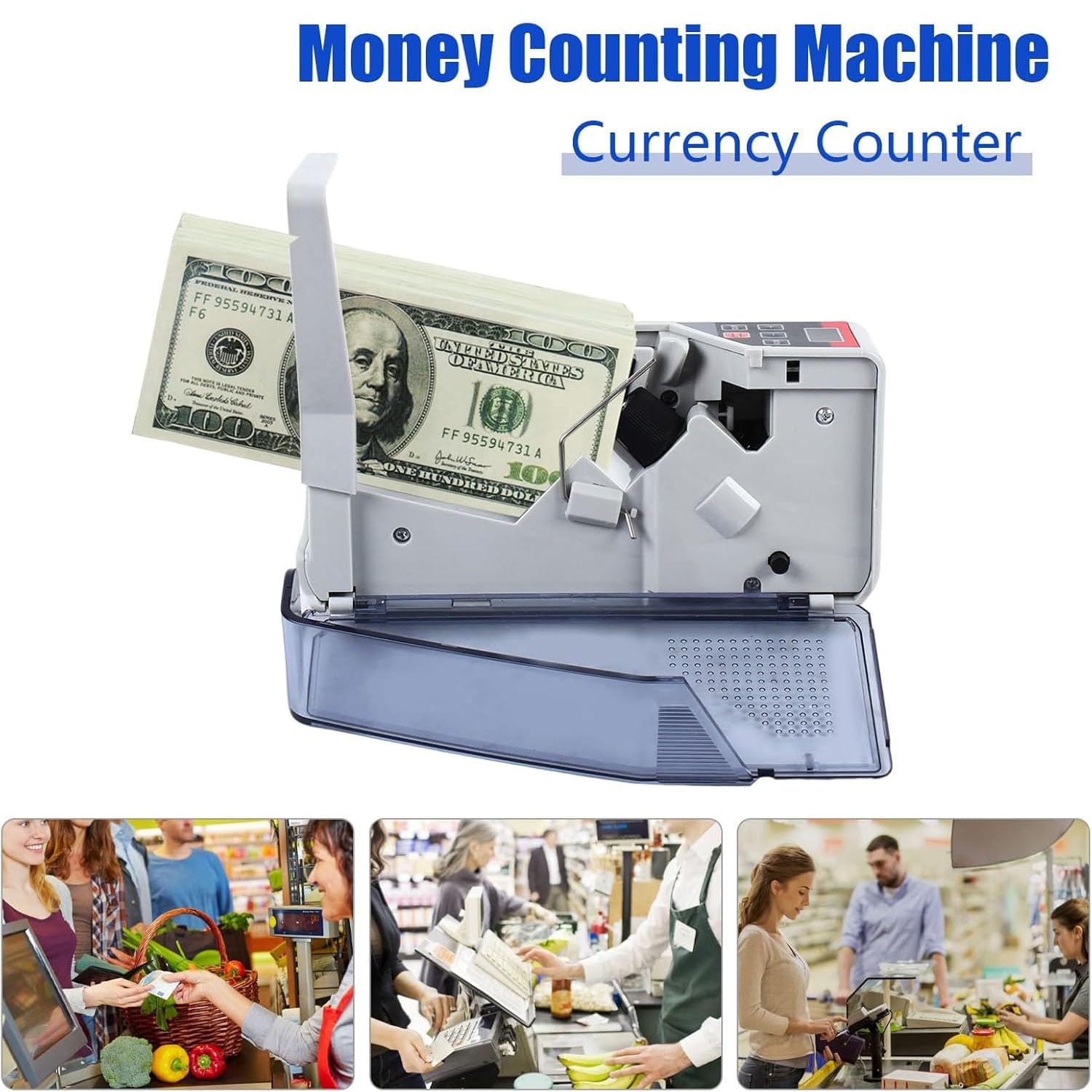 Contatore di denaro portatile, 600 fogli/min, conta banconote e valuta con doppia alimentazione (batteria/CA), display a 3 cifre for banche, negozi, uso domestico