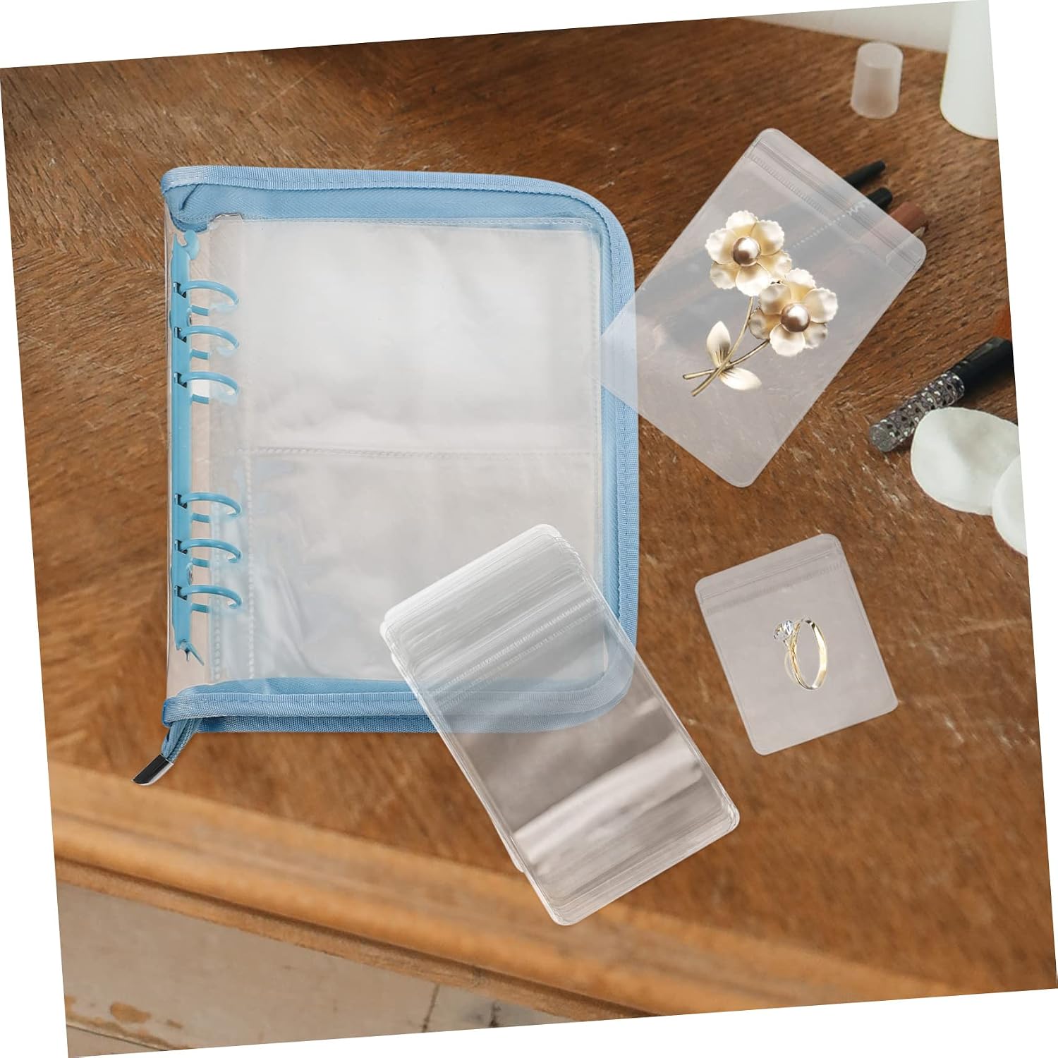 FRCOLOR Jewelry Storage Book with Zipper Blue Organizer for Travel Earring Holder Waterproof Jewelry Album Multi-Compartment Design for Rings and Necklaces