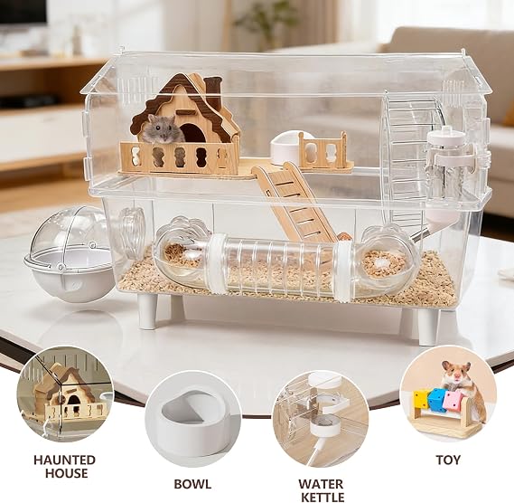 Large Acrylic Hamster Cage, 8 in 1 Gerbil Cages 2-Layer, 45 x 28 x 34cm
