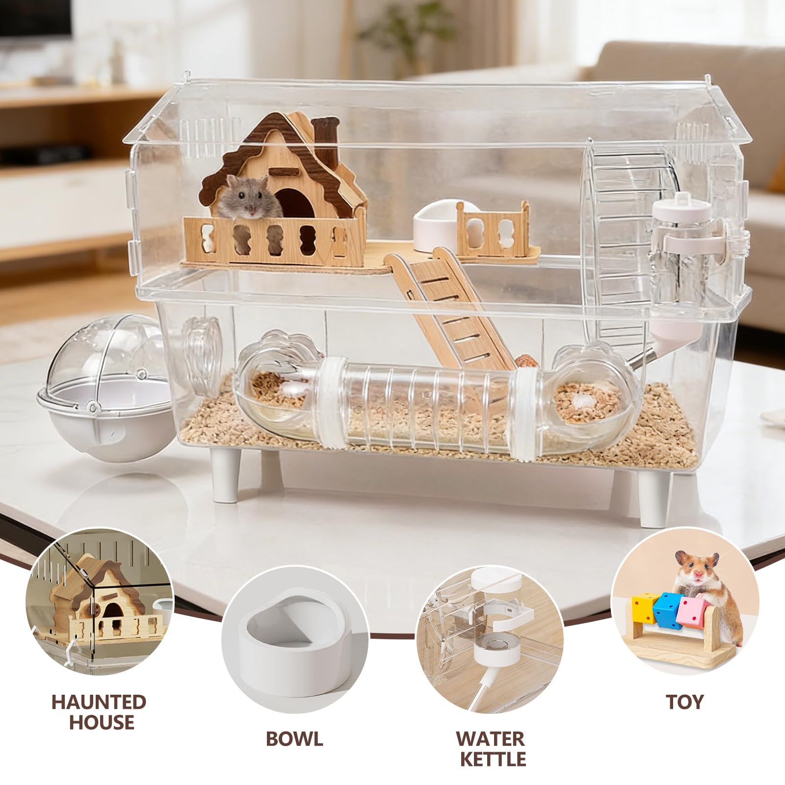Jaula grande de acrílico para hámster, jaula de hámster 8 en 1, jaulas de jerbo de 2 capas, 45 x 28 x 34 cm, casa de hámster abierta con todos los accesorios, ratones para mascotas, hámster enano