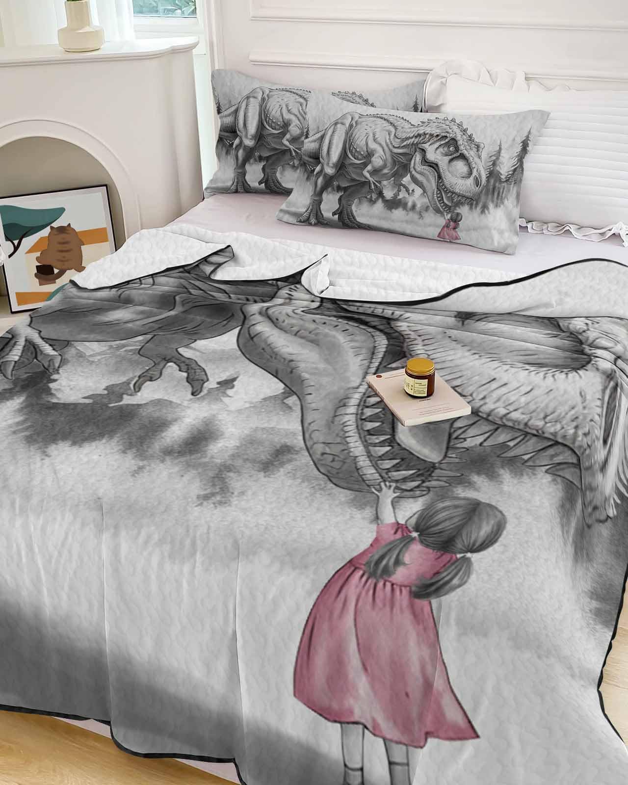 Onekaccu Dinosaurs Girl Quilt Twin XL Bedding Set, Lightweight Summer Quilt with Pillow Shams 3 Pieces Gray Funny Cartoon Animals Forest Microfiber Soft Quilt Set Bedspread Coverlet for All Seasons