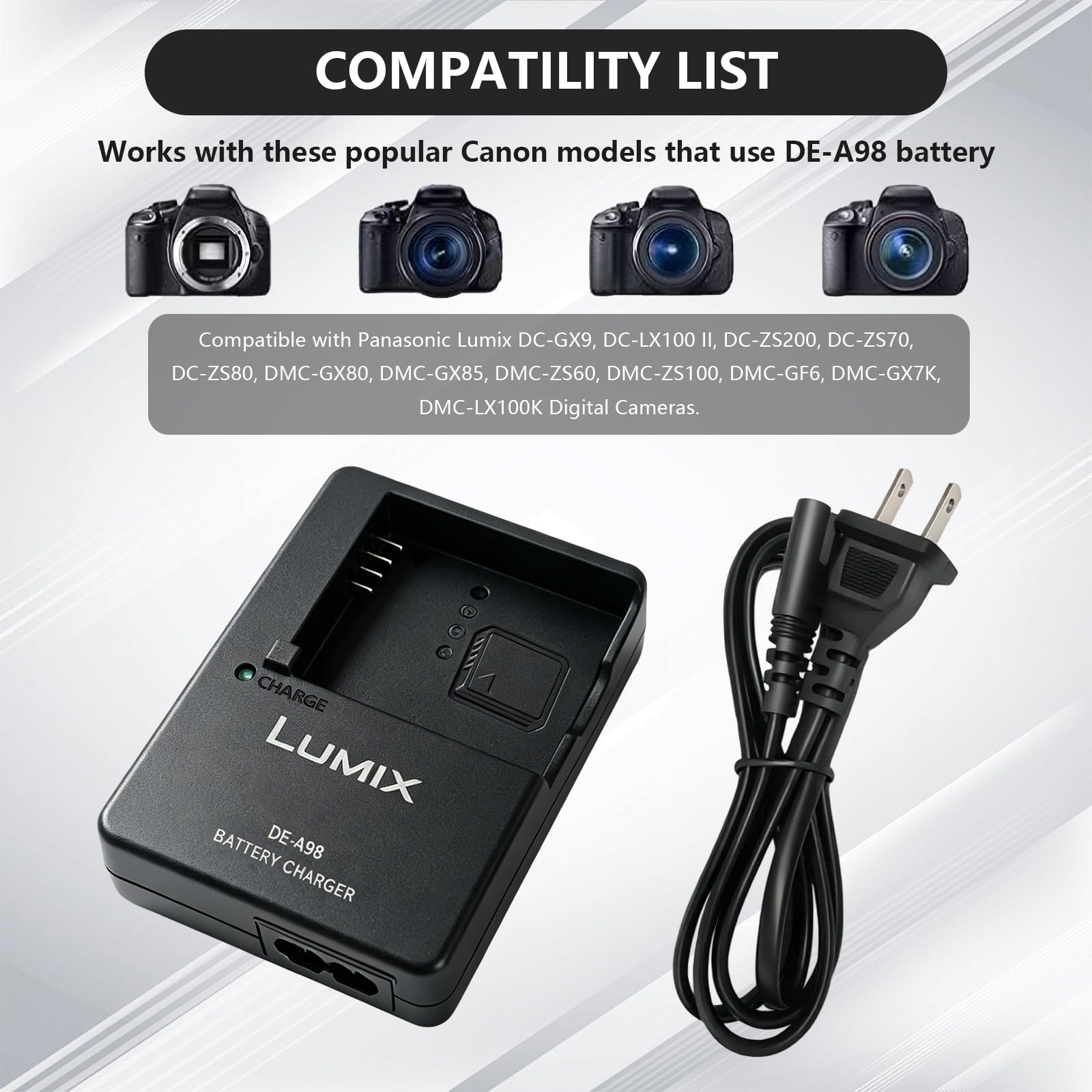 DE-A98 Charger Compatible with Panasonic Camera LUMIX A98B A98C DE