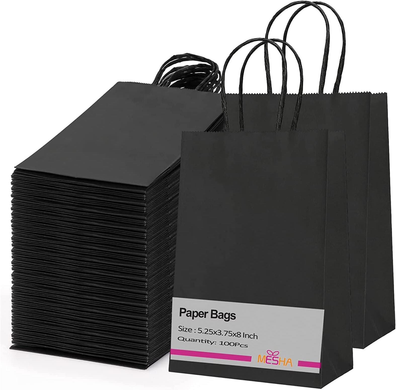 MESHA - 100 Pcs Black Gift Bags 5.25" x 3.75" x 8" Small Size Kraft Paper Bags with Handles for Handwork, Shopping, Gift, Merchandise, Retail, Party