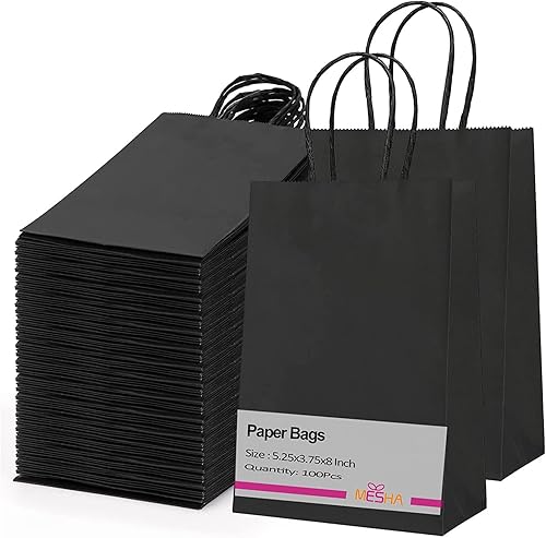 MESHA 100 bolsas de regalo negras de 5.25 x 3.75 x 8 pulgadas, bolsas de papel kraft de tamaño pequeño con asas para trabajo manual, compras,