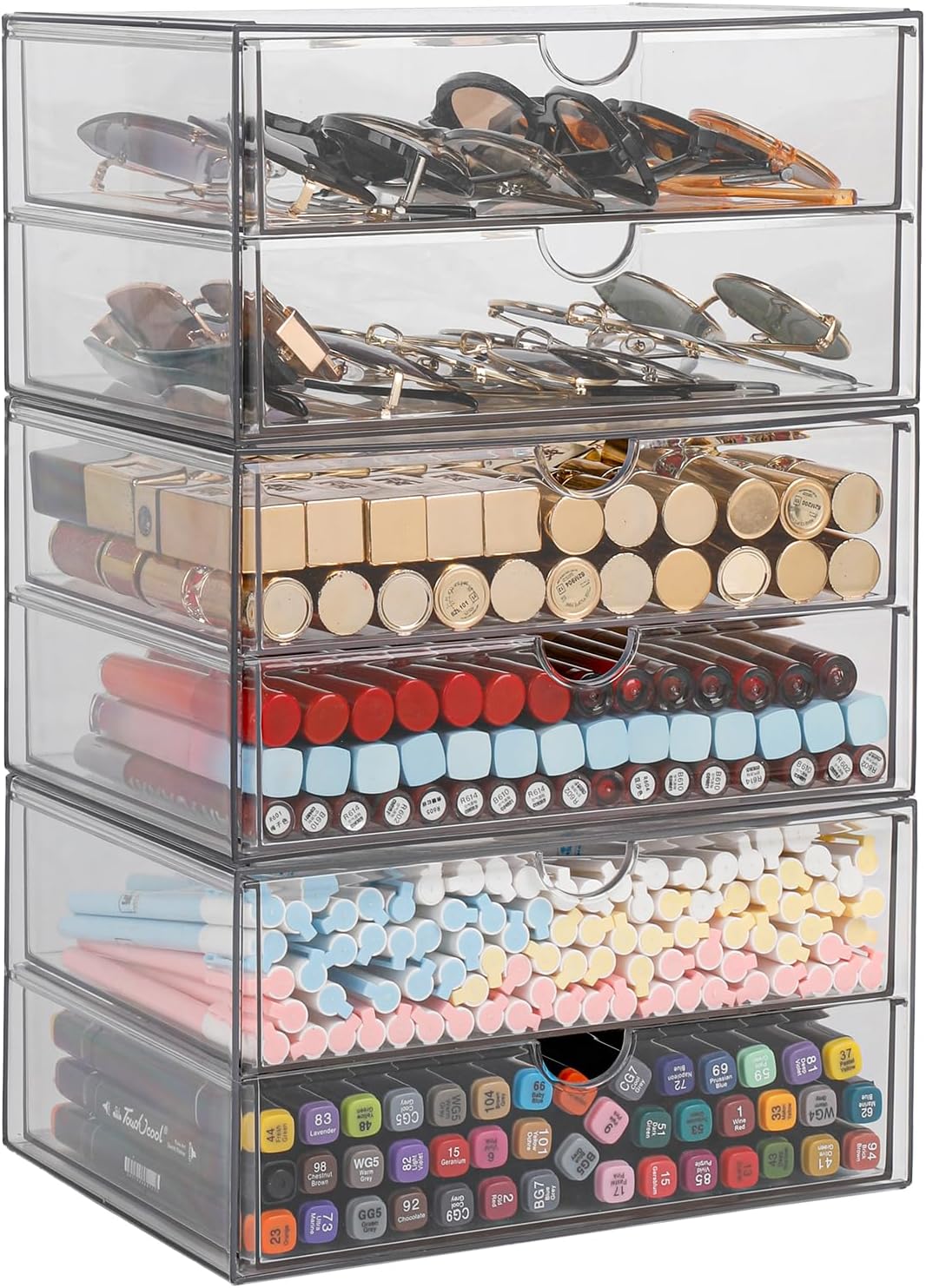 Stackable Storage Drawers, Plastic Storage Bins for Home Office, Bathroom, Kitchen, Pantry, Clear Desk Organizer for Accessories, Marker, Pencils, Books, Art Crafts, Makeup (6 Drawers)