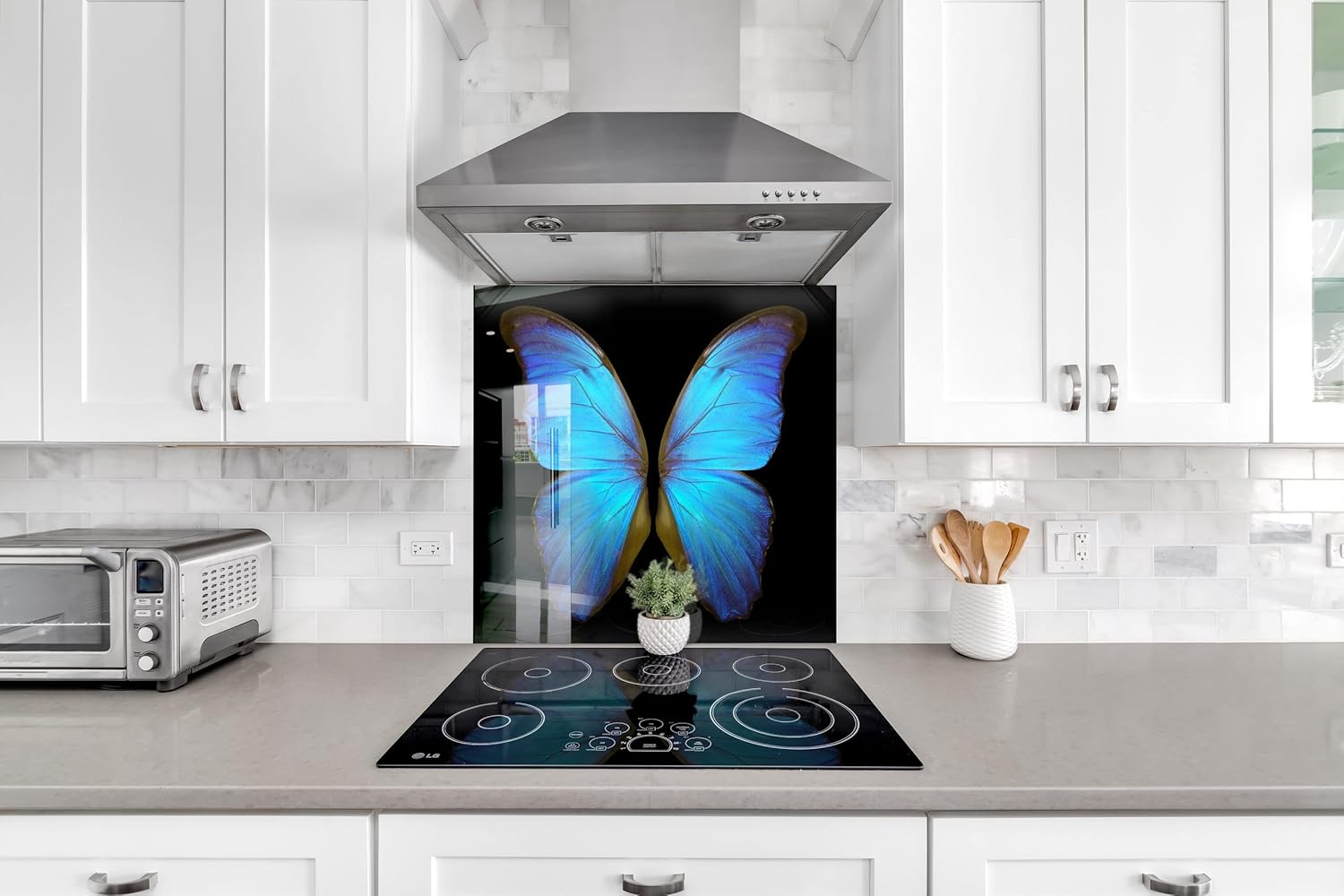 Myphotostation Butterfly Wings Tempered Glass Backsplash 23.5Wx12H'' Butterfly Splashback for Kitchen Decor Bathroom Wall Protector Stove Backsplash Panel Tile Glass Animal Splashback