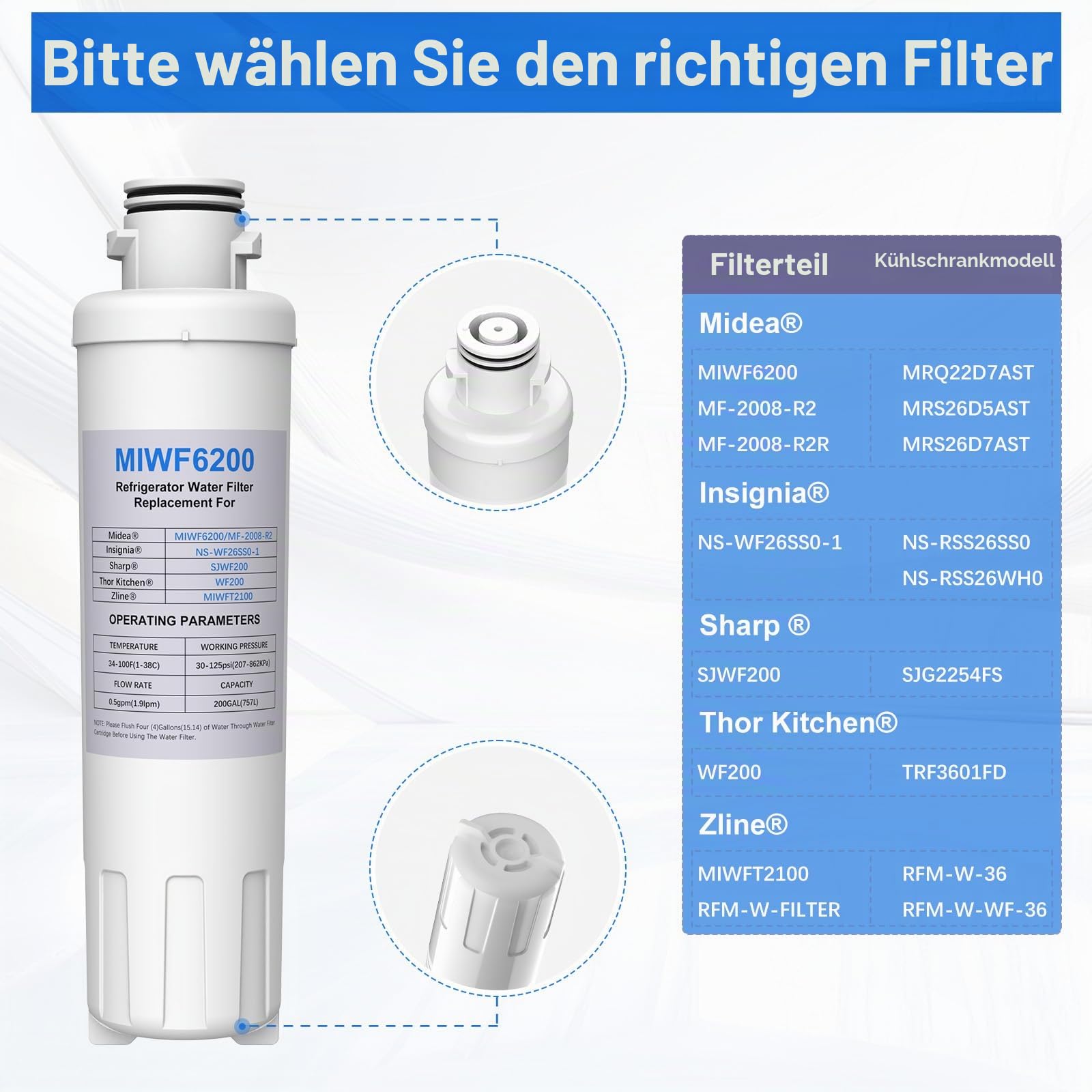 MIWF6200 Kühlschrankfilter, kompatibel mit Midea MF-2008-R2 Insignia NS-WF26SS0-1 Zline MIWFT2100 Kühlschrankfilter, 3 Stück