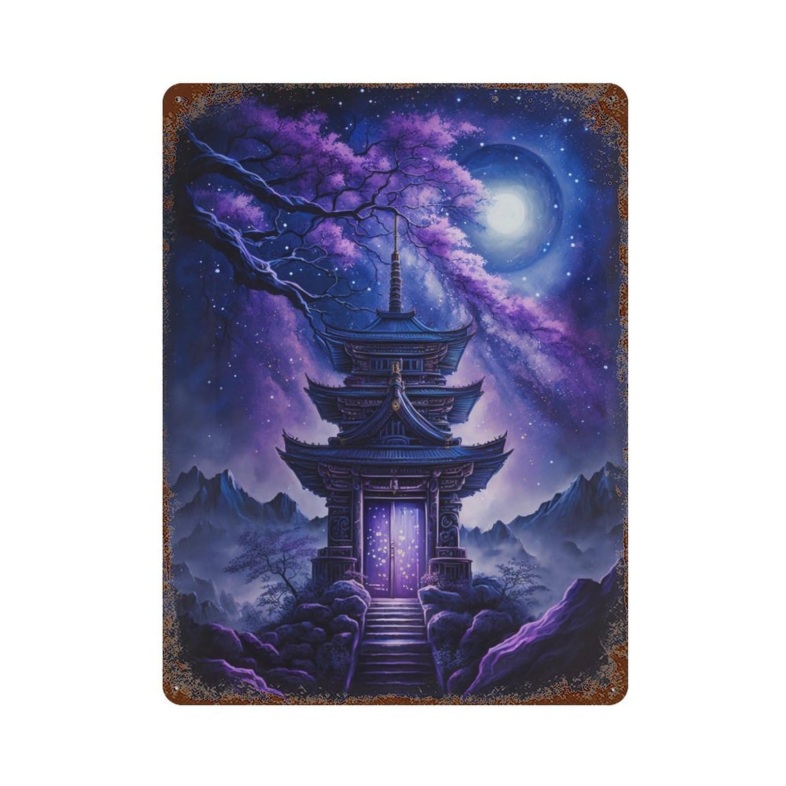 Rusty Metal Tin Sign Enchanted Pagoda Night Scene 15.7"x11.8", Rustic Home Decor for Shed, Workshop And Garage Wall Decor