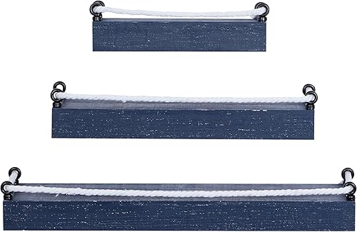 Deco 79 Estante de pared de madera con 3 estantes con cuerda anudada, juego de 3 32 pulgadas, 25 pulgadas, 17 pulgadas de ancho, azul