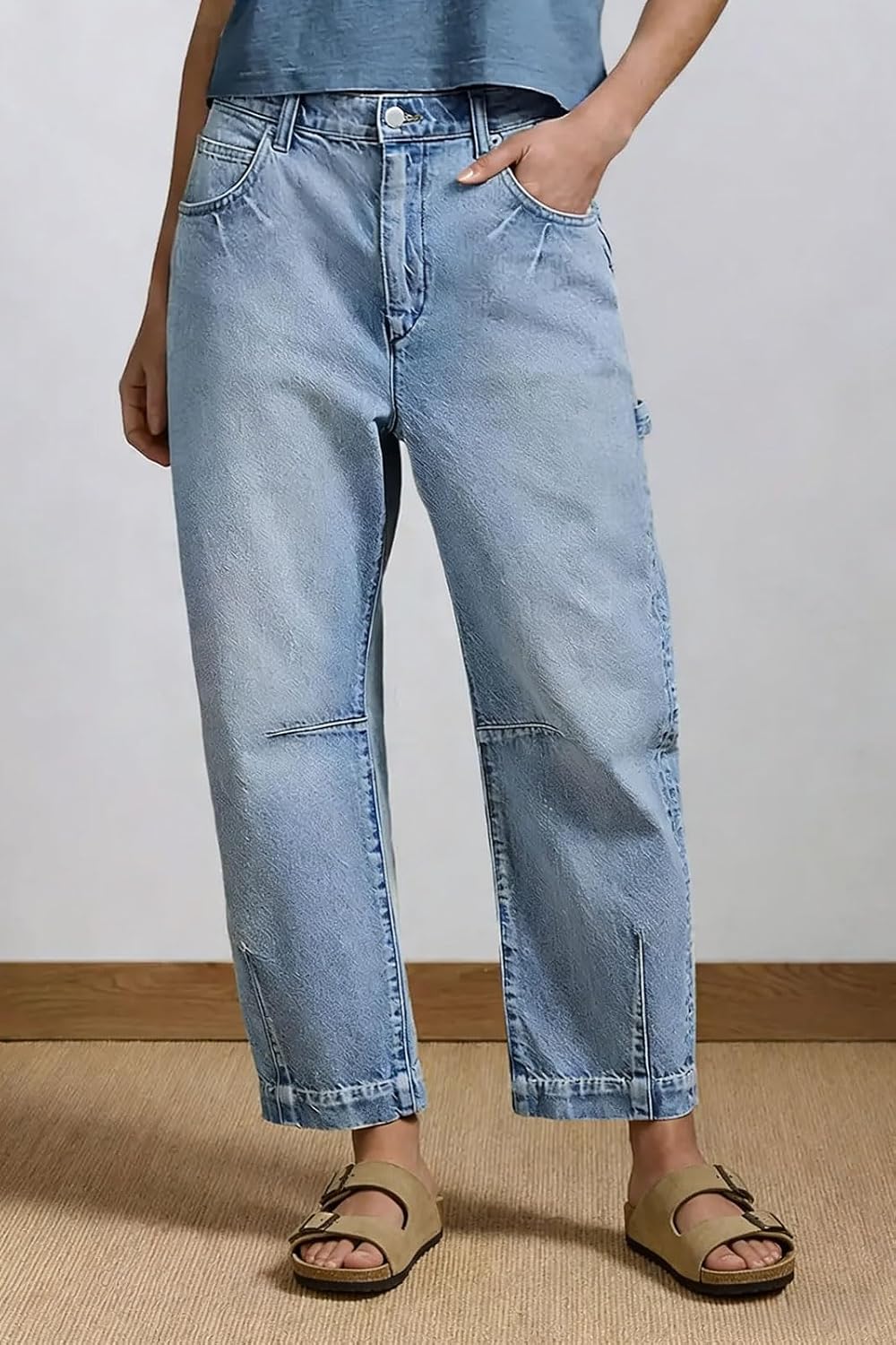 loveimgs Women Baggy Barrel Jeans Mid Rise Wide Leg Jeans Boyfriend Crop Denim Ankle Pants Patchwork Cargo Sweatpants Pockets