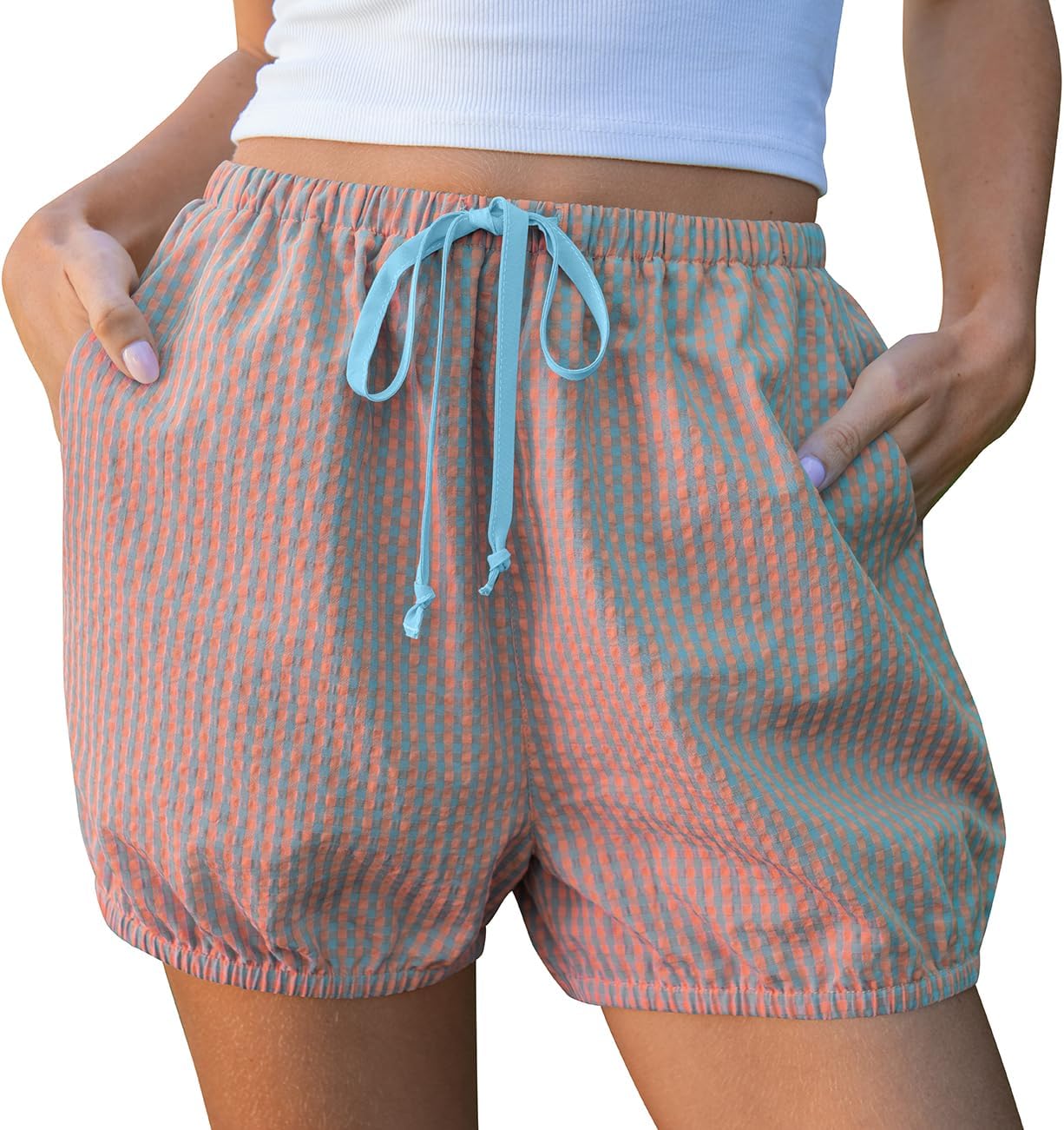 TARSE Women Balloon Shorts Gingham Striped Drawstring Cute Summer Casual Loose Fit Lounge Shorts Y2K Beach Bottoms