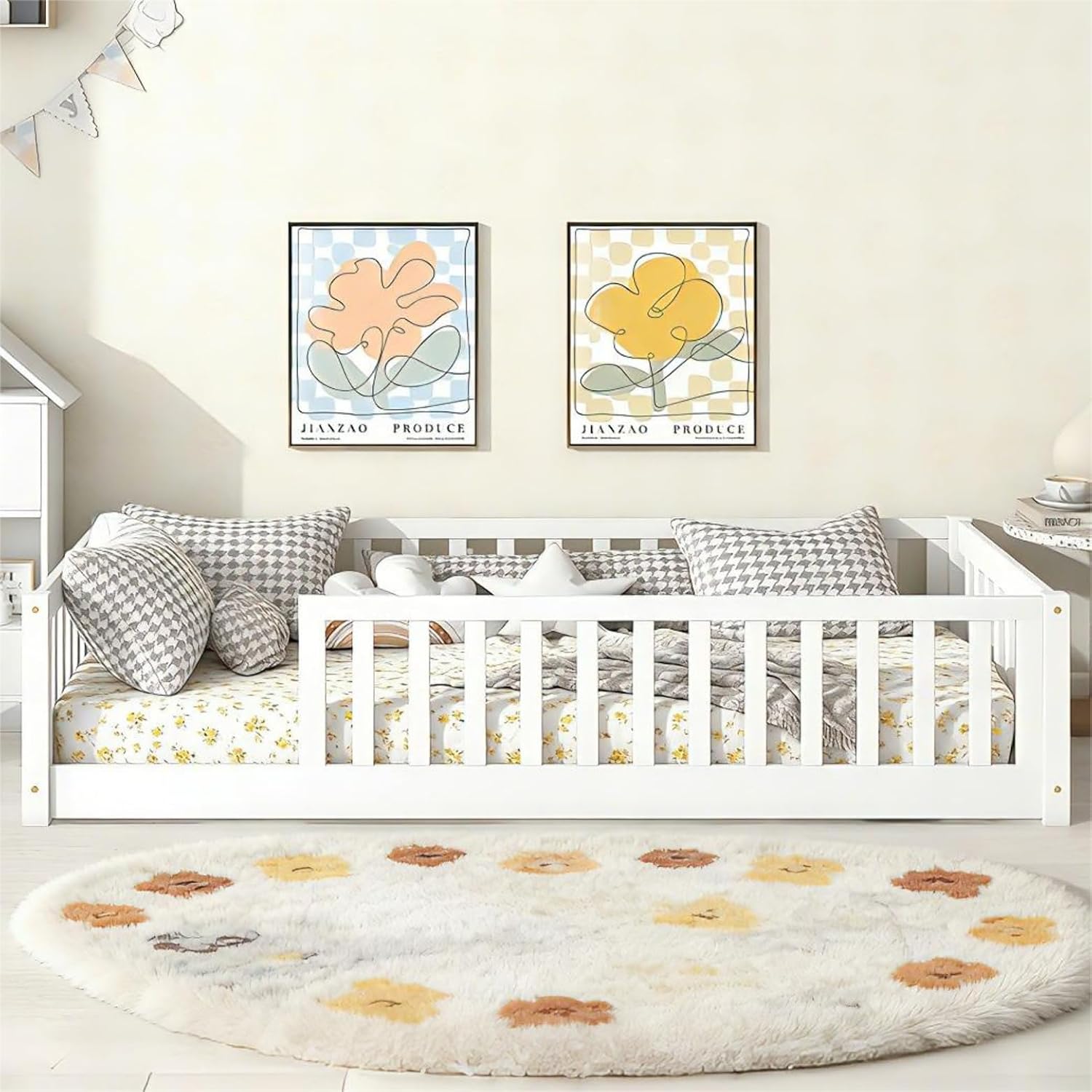 Bellemave Twin Floor Bed with Fence for Kids, Wooden Montessori Floor Bed Frame with Slats & Safety Guardrails, Low Twin Size Floor Beds for Girls Boys, No Box Spring Needed, White