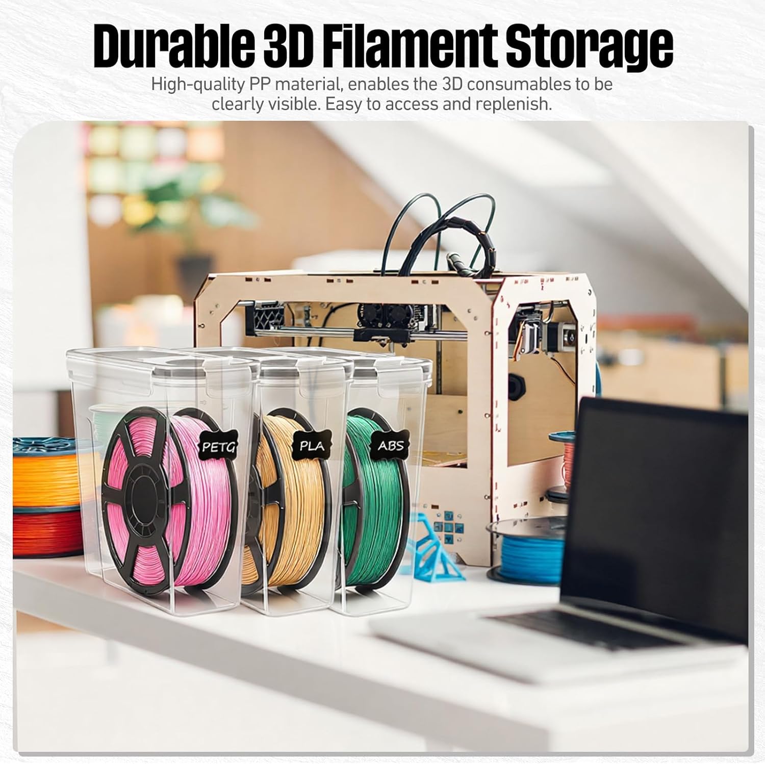 8 Pack 3D Printer Filament Storage Box - Portable Sealed Filament Container 4.0 L Water-Proof & Dust-Proof with Desiccant, Tag, Pen for Studio Office Workshop Home, Only Case Set