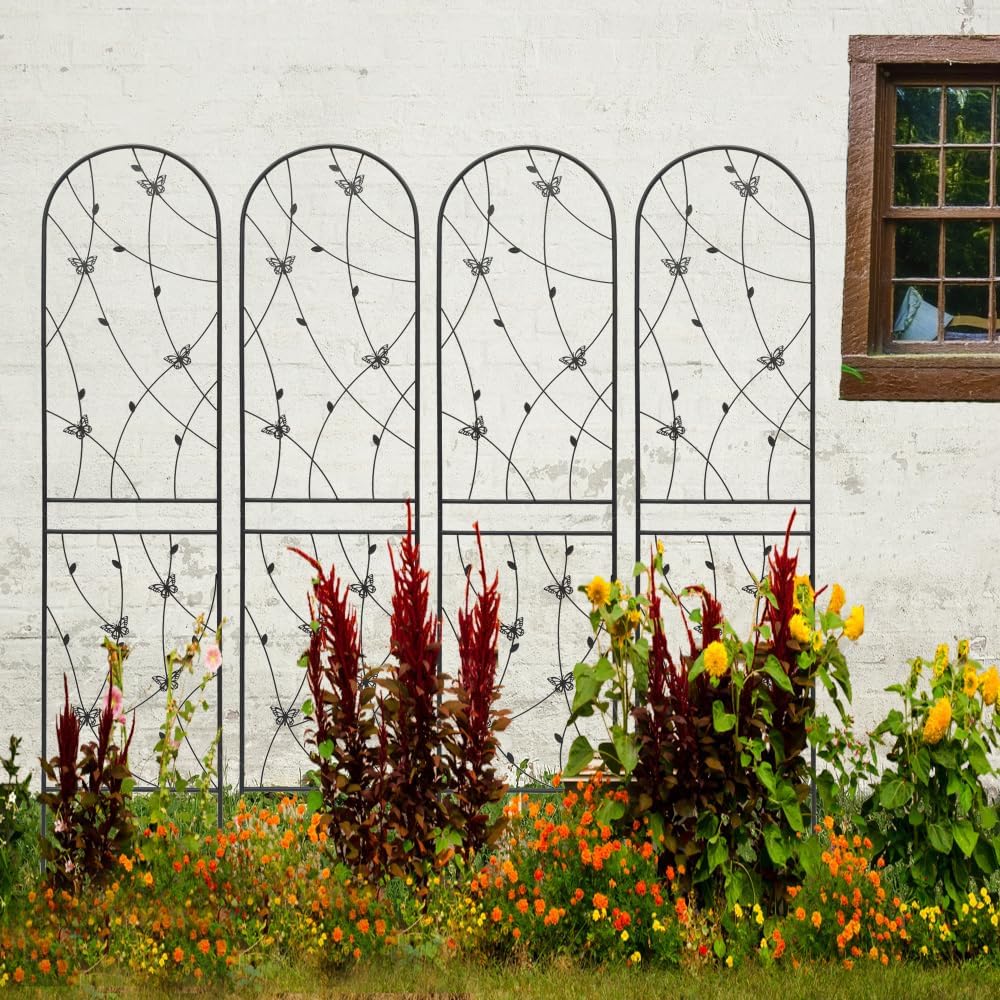 Sturdy Metal Garden Trellis for Climbing Plants – Rust-Resistant Outdoor Flower Support with Decorative Butterfly Design (4 Pack-H86'')
