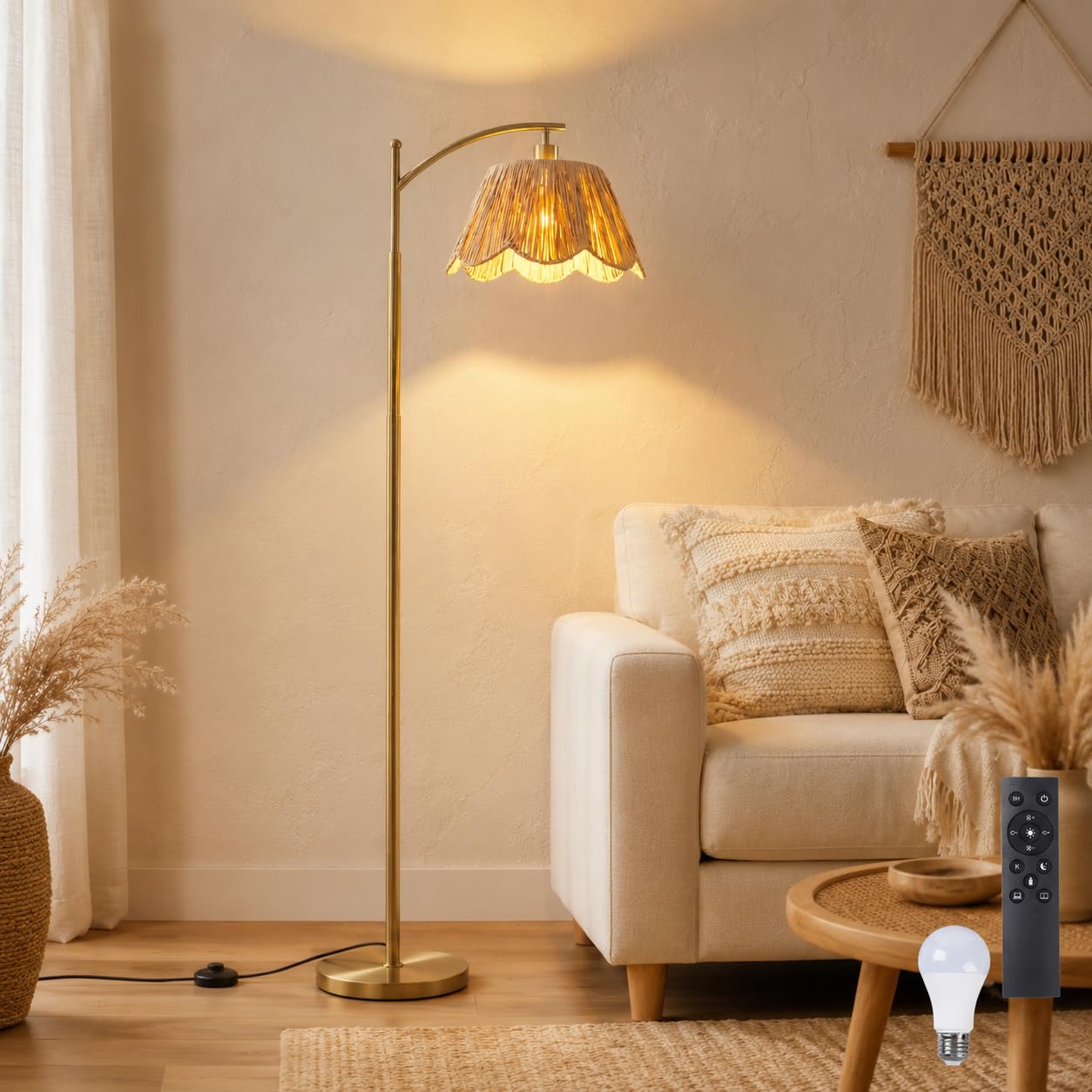 Stehlampe Wohnzimmer Boho, Raffia Lampenschirm in Blütenform, Dimmbar mit Fernbedienung, Timer, 3 Lichtmodi und Speicherfunktion, Gold Bogenlampe Fußschalter für Schlafzimmer & Büro, H170cm