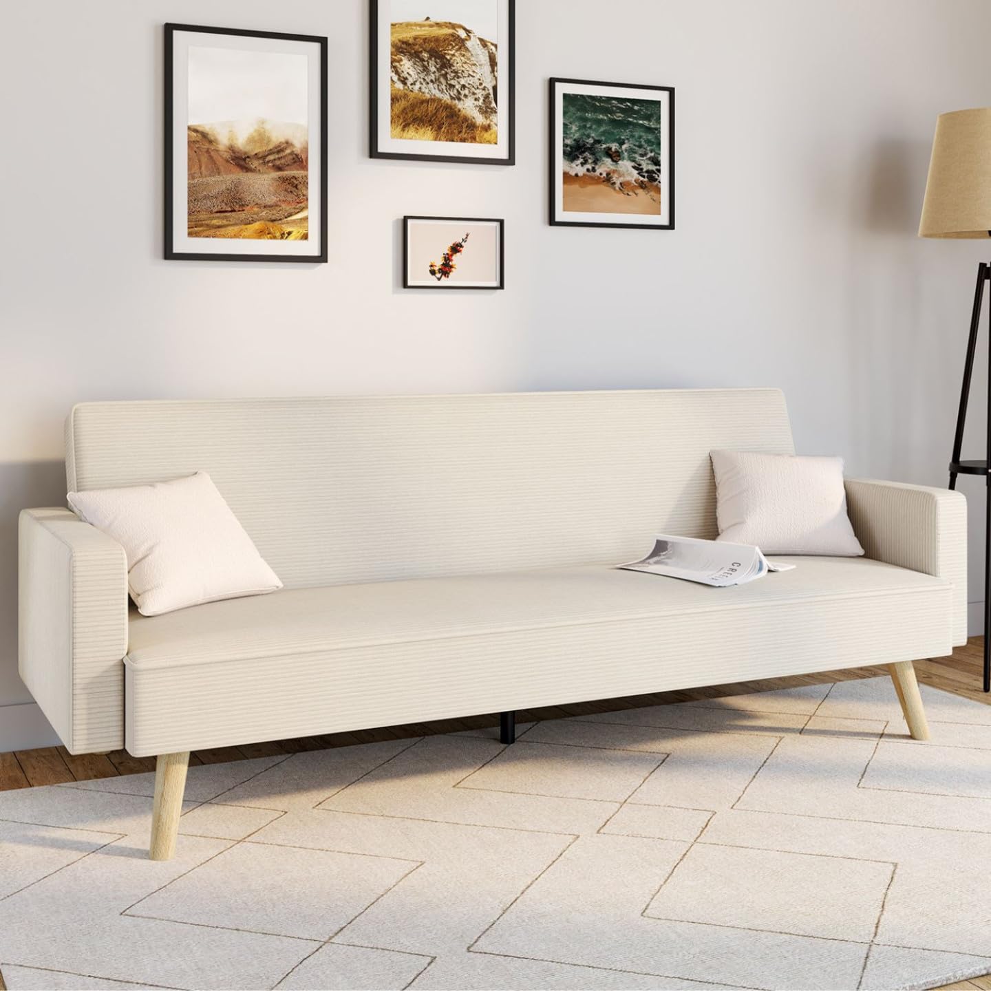 IDMarket - Sofá cama escandinavo recto LARS de 3 plazas de pana beige