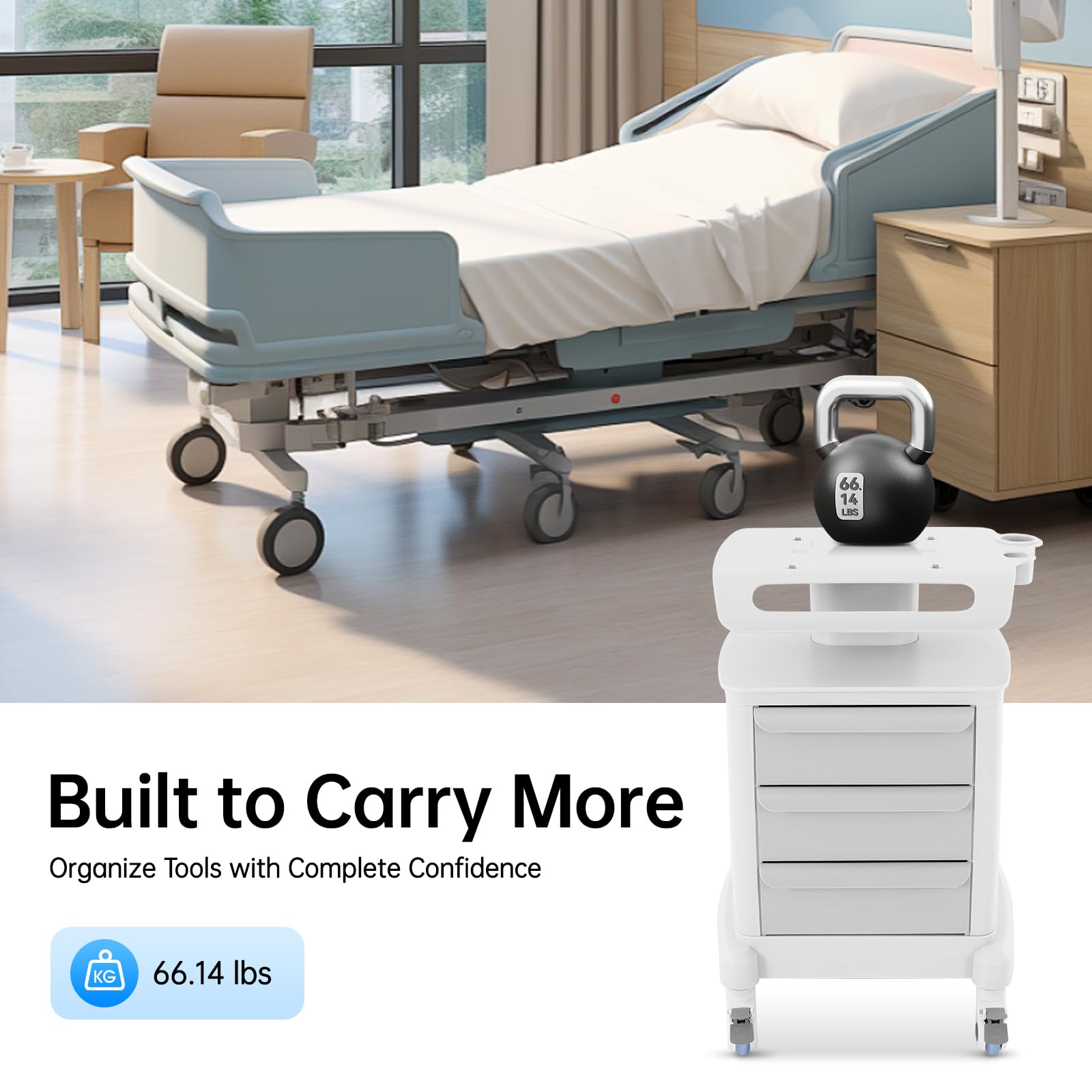 Carro médico con 3 cajones y estante superior | Capacidad de carga de 30 kg | 4 ruedas (2 con frenos) | Para salón de belleza, laboratorio, clínica, hospital, salón
