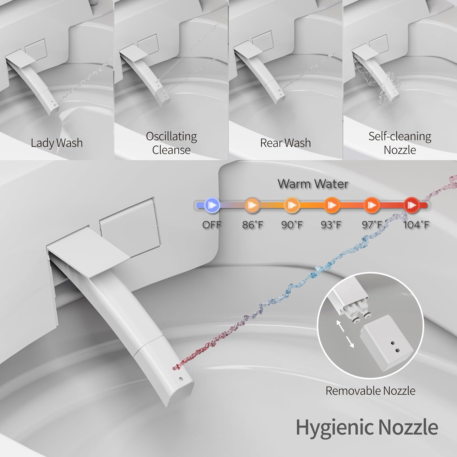 Close-up of the hygienic bidet nozzle with Lady Wash, Oscillating Cleanse, Rear Wash, and Self-cleaning Nozzle options, showing warm water temperature settings