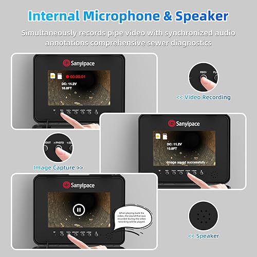 Miniatura 6 de Sanyipace Cámara de alcantarillado 100FT/30M, cámara de drenaje autonivelante, DVR con altavoz, cámara de tubería 1080P con contador de distancia