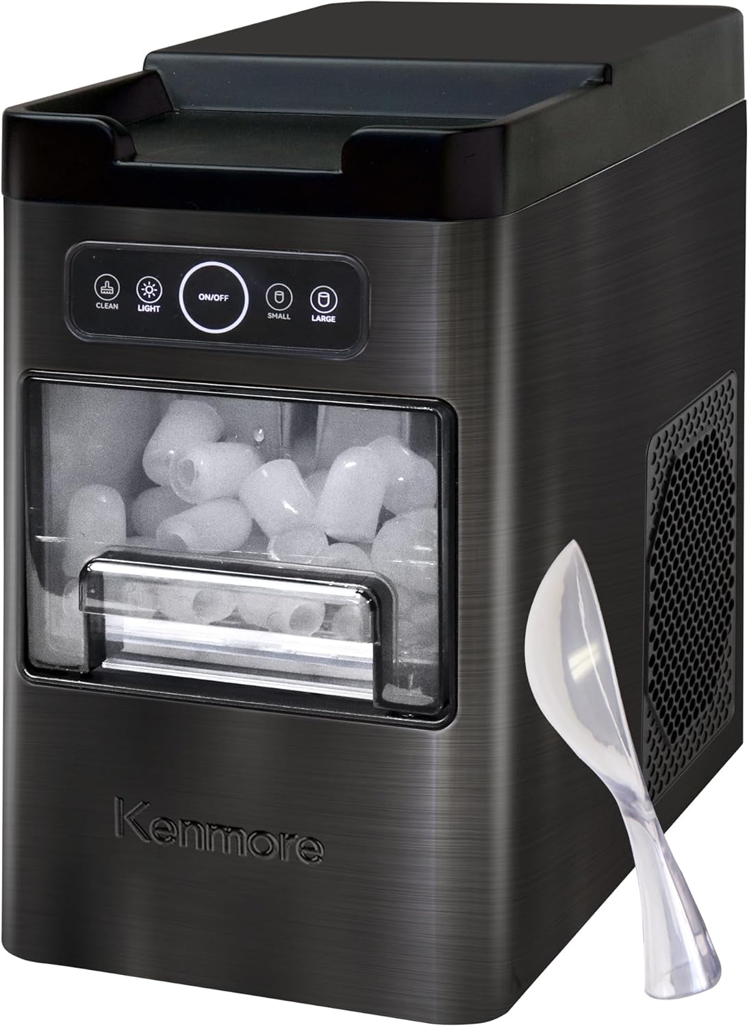 Kenmore Front Load Ice Maker – Pellet Hielo Maquina, Serves 9 Pebble Ice Cubes in 6 mins, Crunchy Ice Nugget for Drinks, Self Cleaning Portable 26 Lbs/24Hrs Capacity, Stainless Steel Black