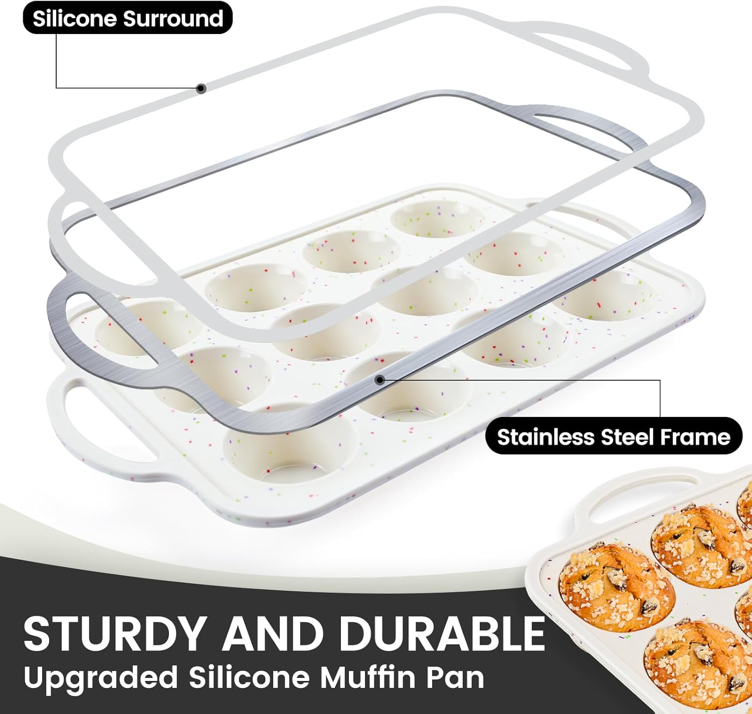 Vinino 2Pack Silicone Muffin Pan for Baking with Metal Reinforced Frame, Regular 12 Cup and Mini 24 Cup Nonstick Cupcake Pan Set, BPA Free Silicone Muffin Tray Molds for Oven Dishwasher Safe - Image 2