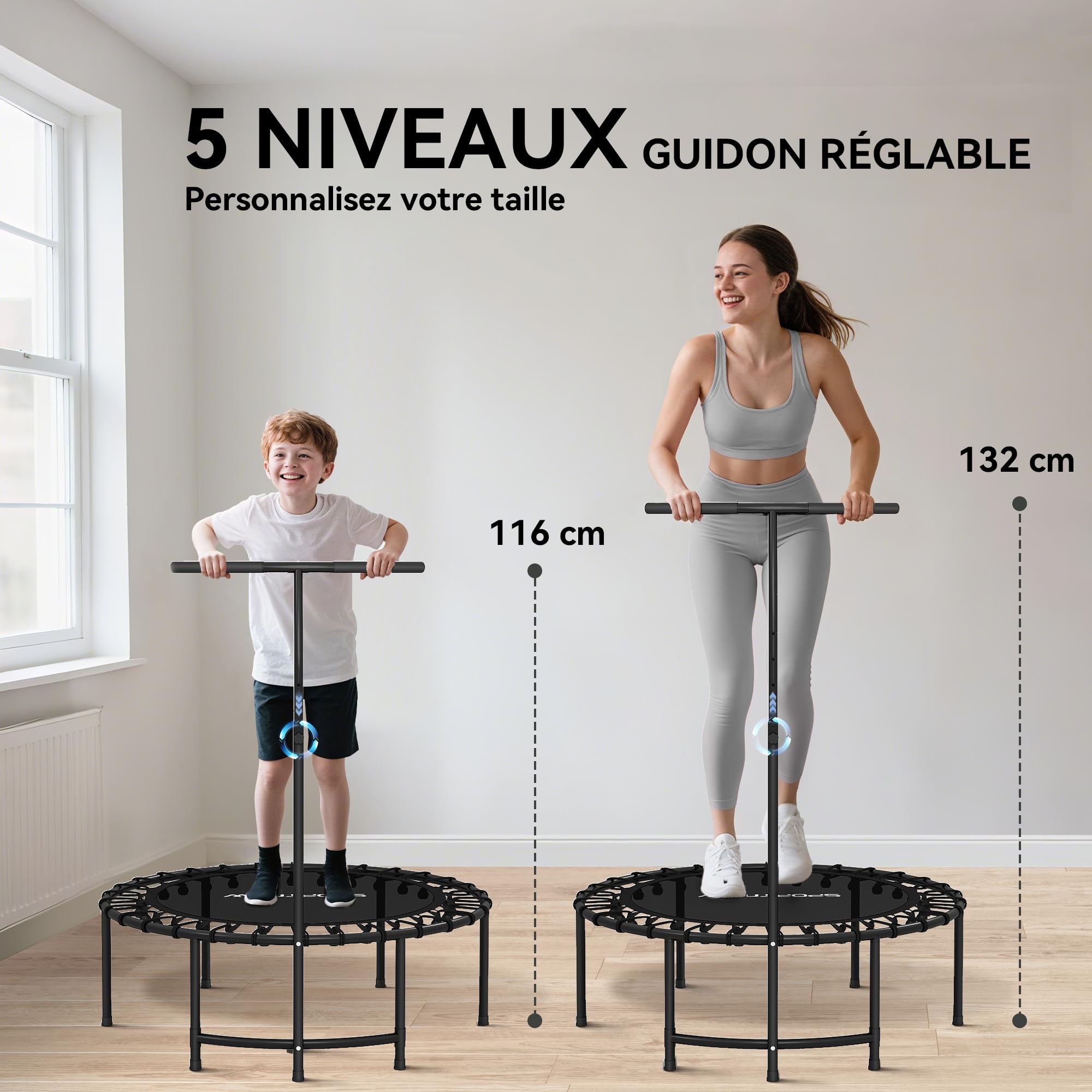 SPORTNOW Trampoline de Fitness 102 cm, Cordes Élastiques, Poignée Réglable 5 Positions, Capacité 100 kg, Cadre en Acier, Trampoline d'exercice pour Gymnastique, Entraînement, Noir