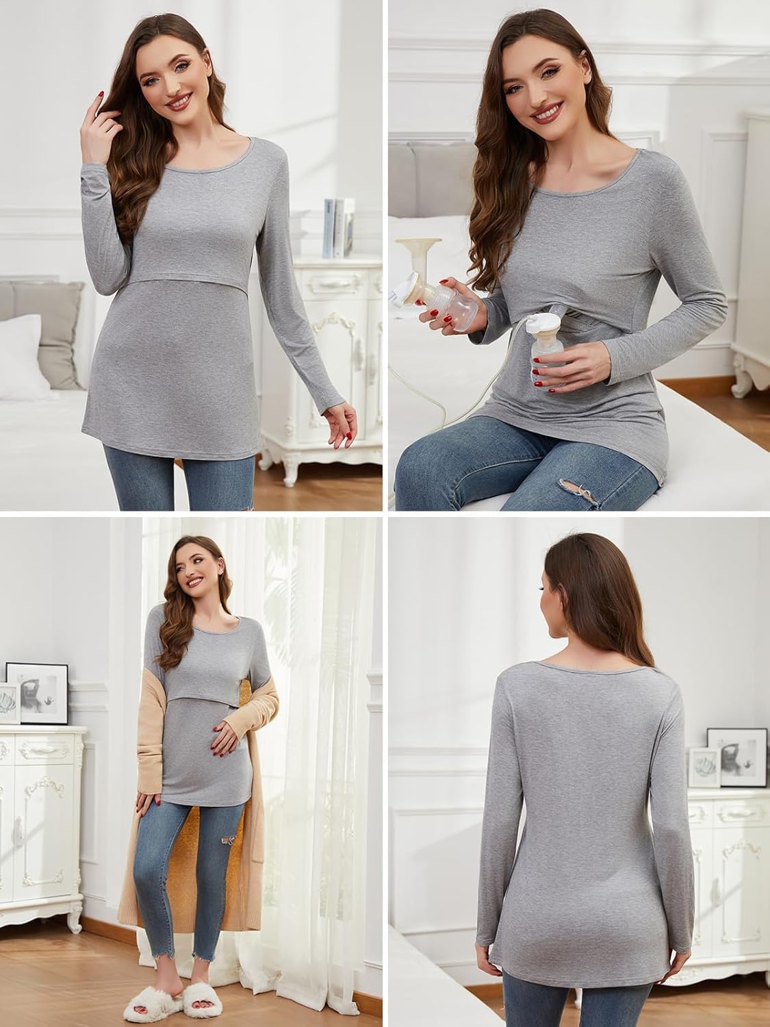 Liu & Qu Breastfeeding Shirts 4 Pack Long Sleeve Women Causal Nursing Tops Double Layer Pumping Shirt - Image 4