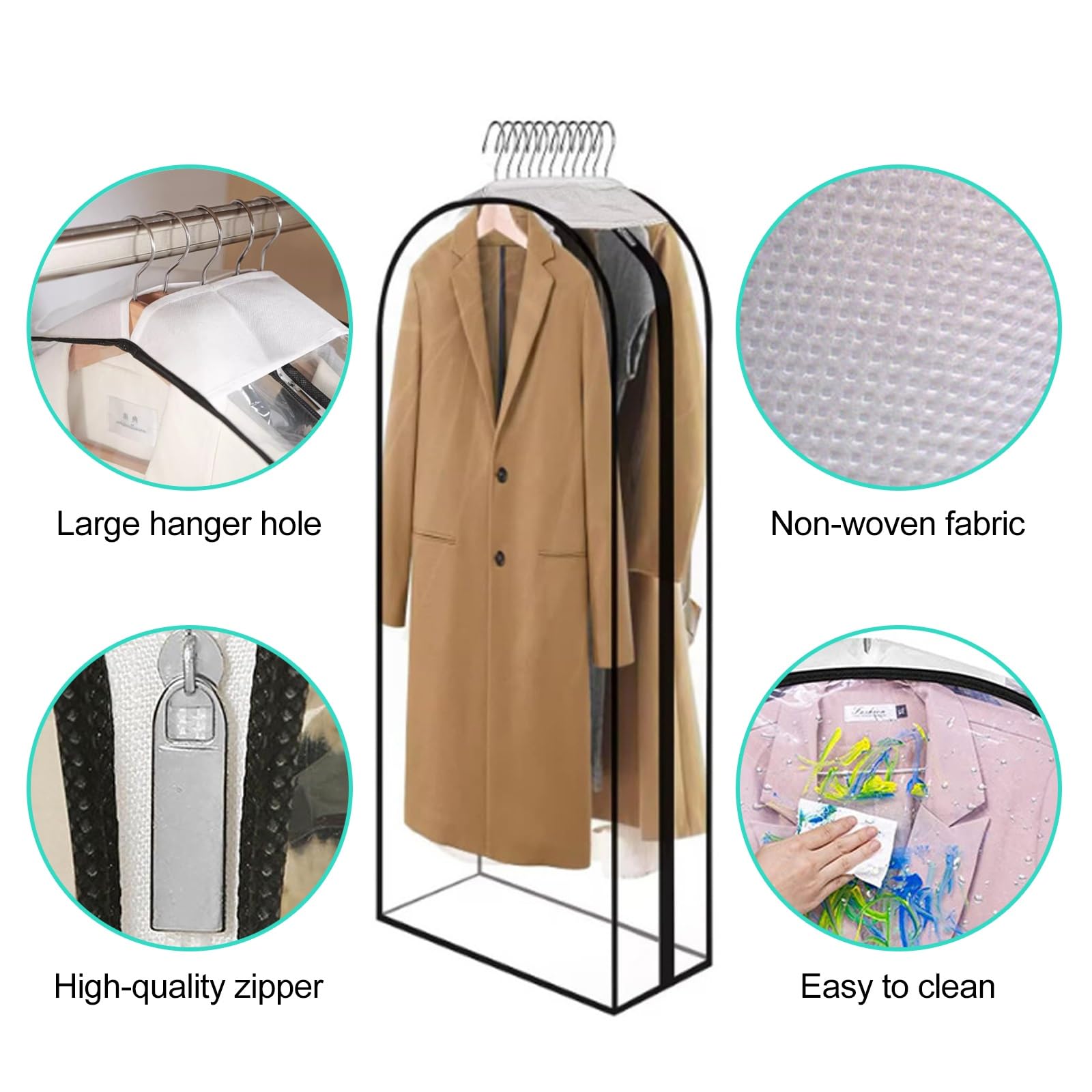 3 Fundas Ropa Armario, Extra Anchas Transparentes PEVA Bolsa for Ropa, Impermeable Y Antipolillas Fundas Trajes con Cremallera, Fundas de Ropa for Abrigos Chaquetas Vestidos(Black,100cm/39in)