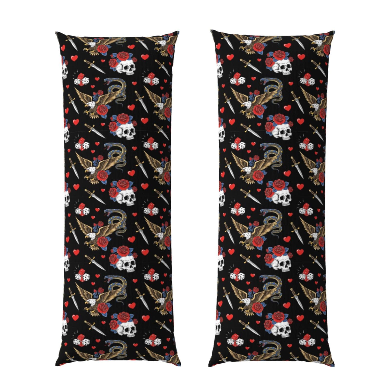 Long Pillow Cover 20x60 Vintage Rock Snake Knife Wild Eagle Rose Skull, Premium Body Pillowcase with Zipper, Cozy Flannel Fabric Protector, for Men Women Couch Sofa Bed