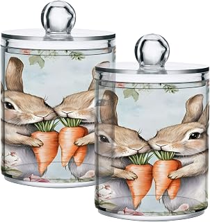 xigua 2 Pack Rabbits Eat Carrots Qtip Holder Dispenser with Lids 14 oz Bathroom Storage Organizer Set,Clear Apothecary Jars Food Storage Containers for Tea,Coffee,Cotton Ball,Cotton Swab,Floss