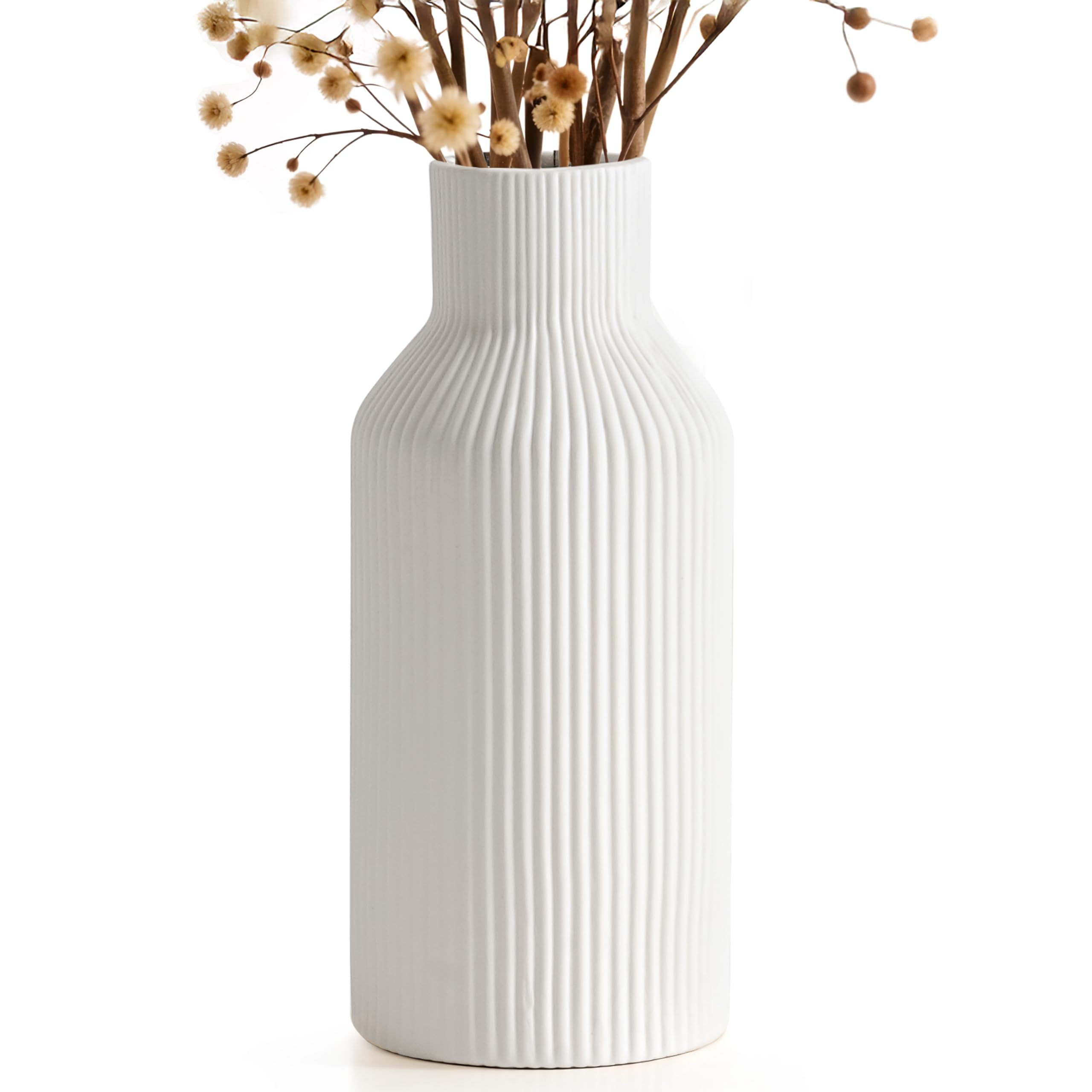 Winter Shore Jarron Ceramica Blanca - Florero Decorativo de Cerámica Blanca para Flores - Jarrones Decorativos Modernos Elegantes - Contenedor Hierba de la Pampa para Escritorio Oficina, Sala de Estar