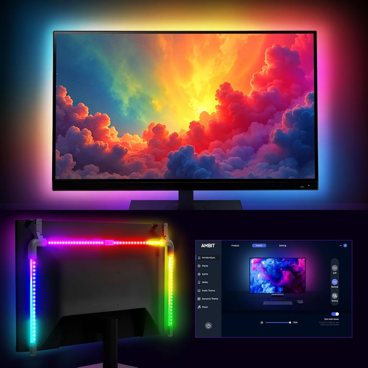 Fosmon for PC Computer Monitor Backlight RGB Light Strip for Gaming Room | Fits Screens Up To 27.2 Inch, Custom Ambient USB-Powered Screen Desk Lamps Sync With Music Colors via Software Control
