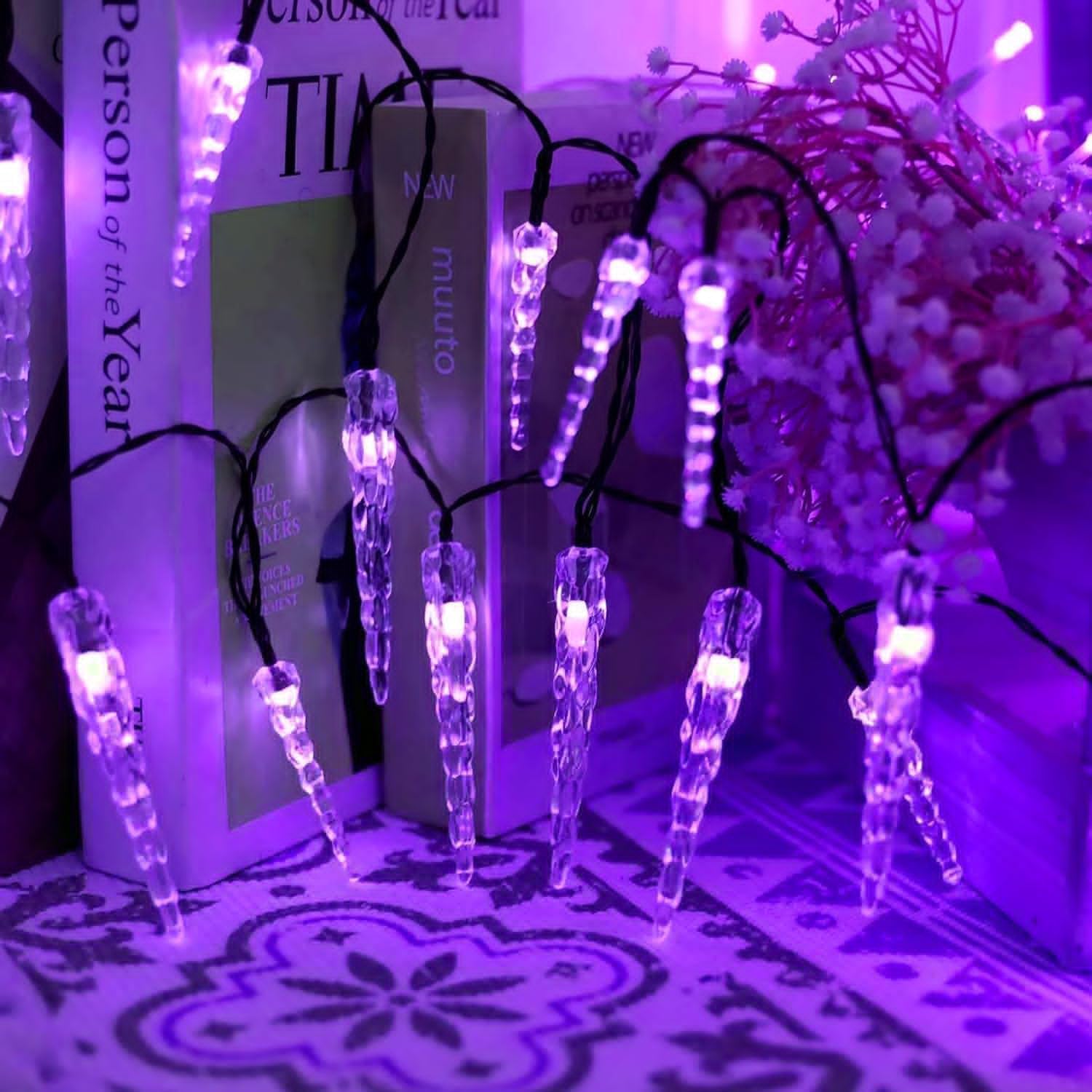 Guirlande lumineuse stalactite LED à piles, 20 m / 200 LED, rideau lumineux féérique en acrylique transparent, pour la décoration de Noël, des fêtes d'hiver (violet)