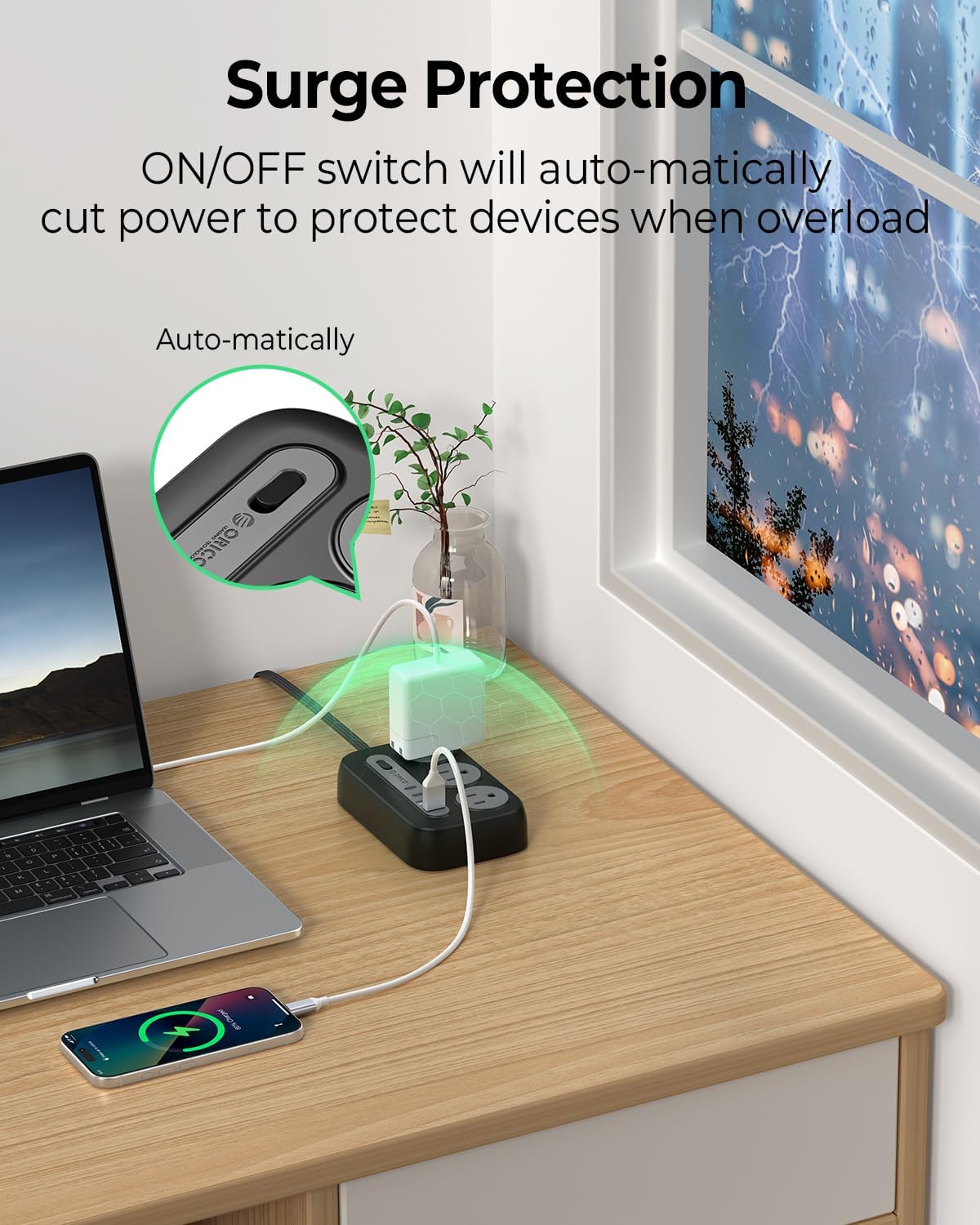 ORICO power strip with an illuminated on/off switch, demonstrating automatic power cut-off during an overload event.