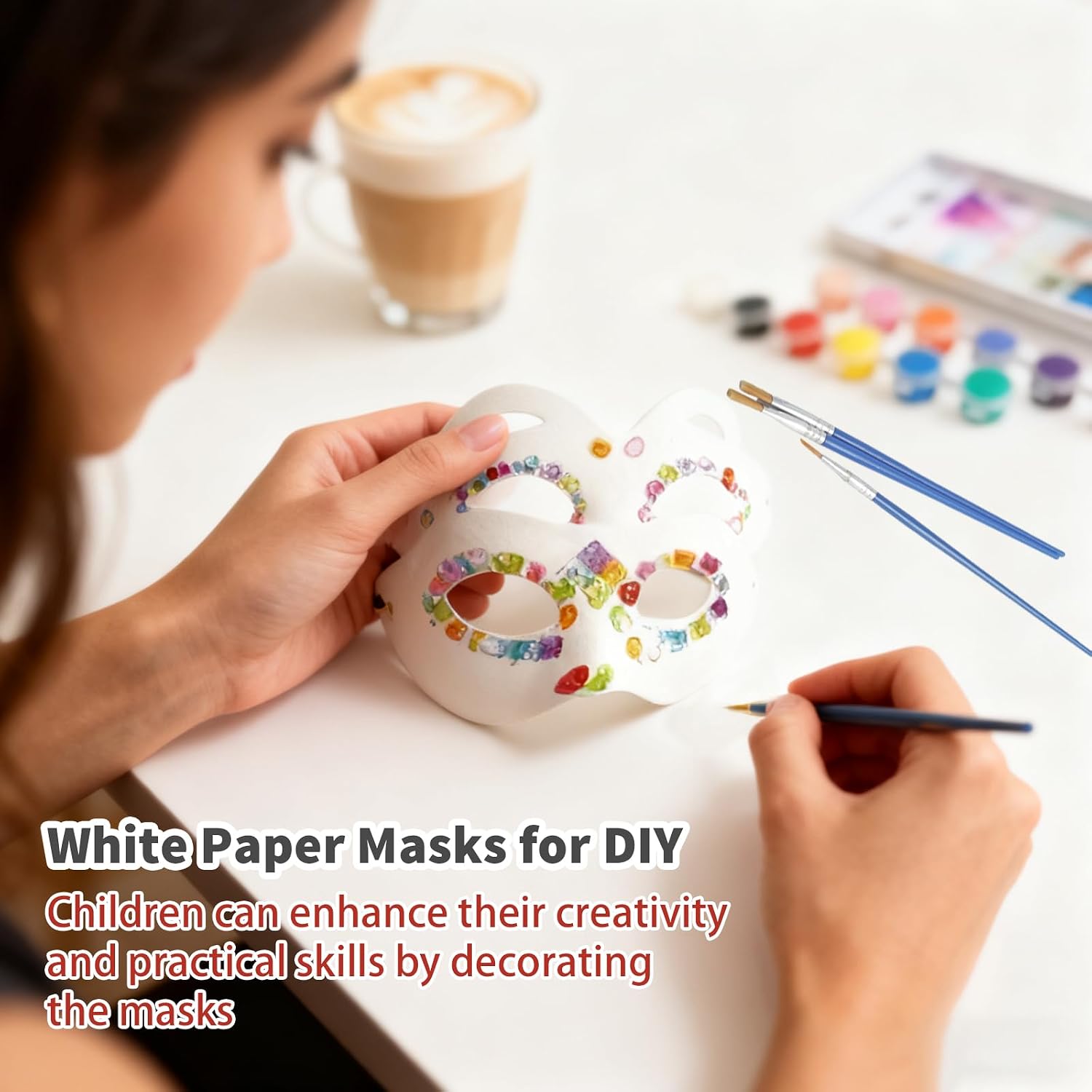 28 Pcs Paper Mache Art Masks with Gem Stickers and Paint DIY White Craft Masks Self Adhesive Jewels Half Face for Halloween Cosplay