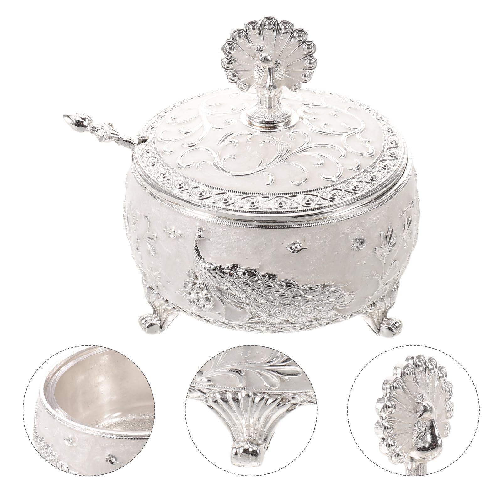 ABOOFAN Zuccheriera Decorativa in Vetro e Lega Argento con Coperchio e Cucchiaino, Raffinato Contenitore Tondo per Zucchero, Facile da Pulire, per Banco Cucina e Dessert