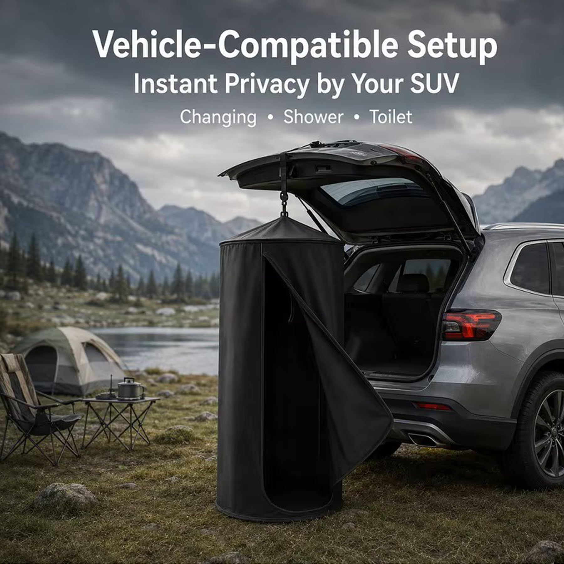 Tente de Douche Instantanée à Montée pour Hayon Lifting SUV, Tente Portable D’intimité pour 1 à 2 Personnes avec Ventouse, Crochets Suspendus, Sac de Rangement pour S’Habiller, Toilettes