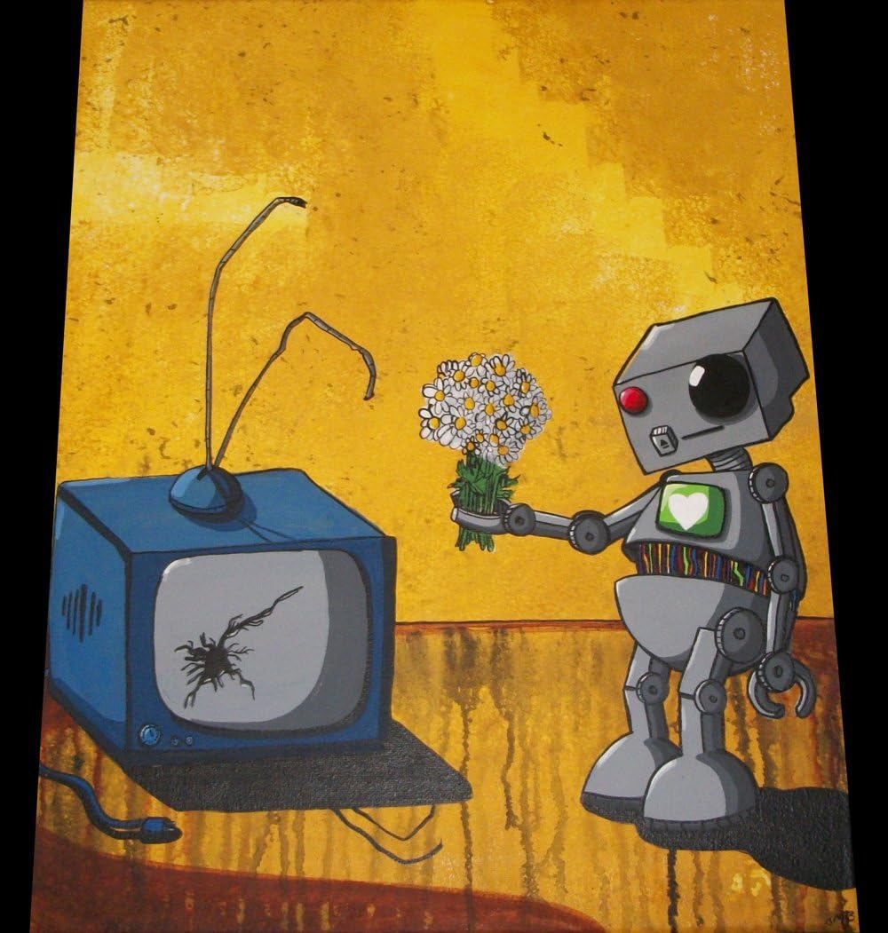 20X24 Original Whimsical Robot Painting by Mike Best - I think I love you