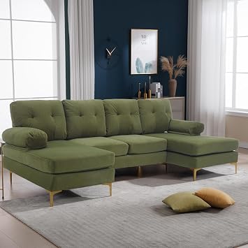 Modern sectional Sofa, Living Room U-Shaped 4-Seater Sofa Set with Double Chaise Longue for Small Spaces 106" U Green