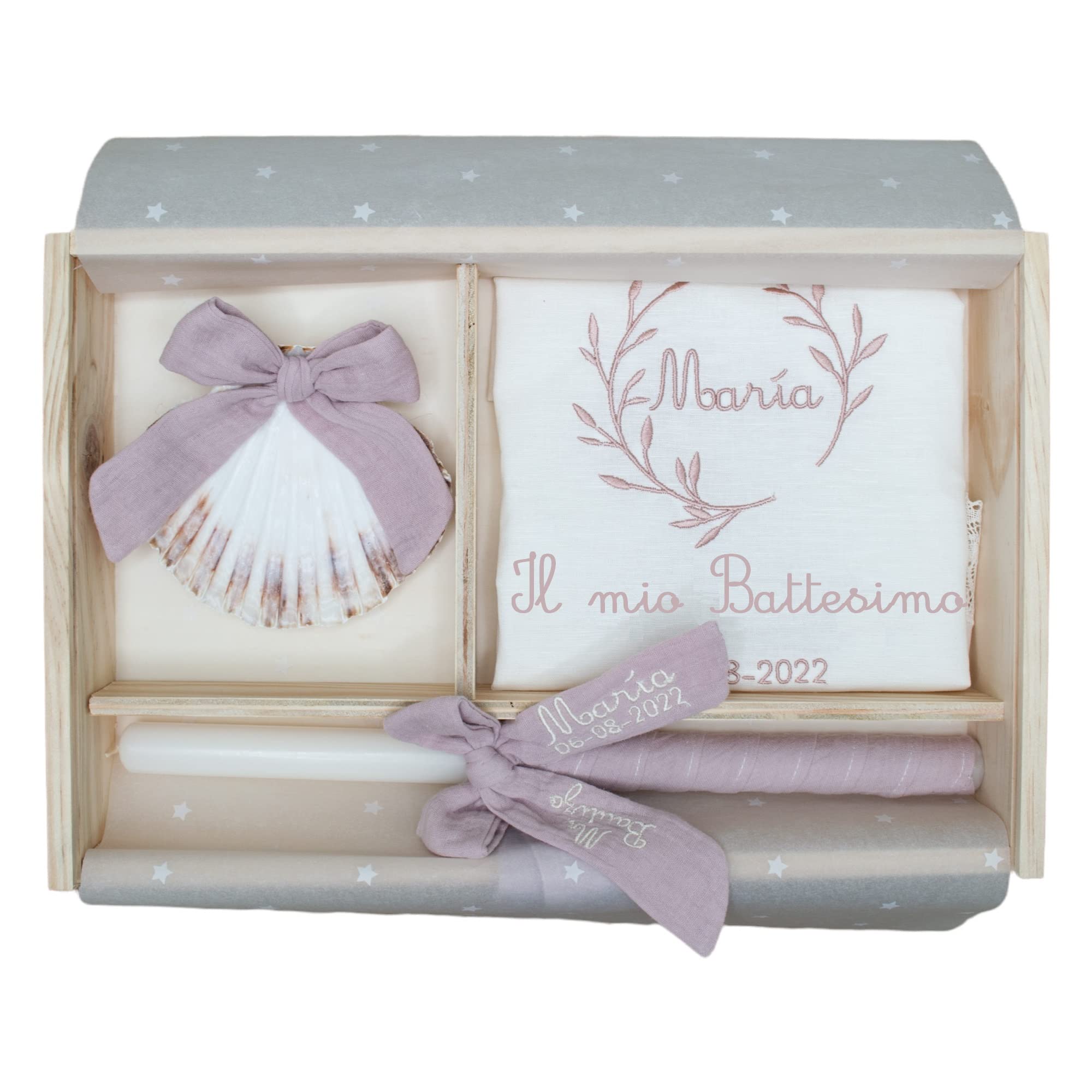 Kit di lusso personalizzato per battesimo - Set de candela, panno e conchiglia ricamati - Scatola di legno lavorata con il nome e la data di battesimo - Modello Bambula (Rosa cipria)