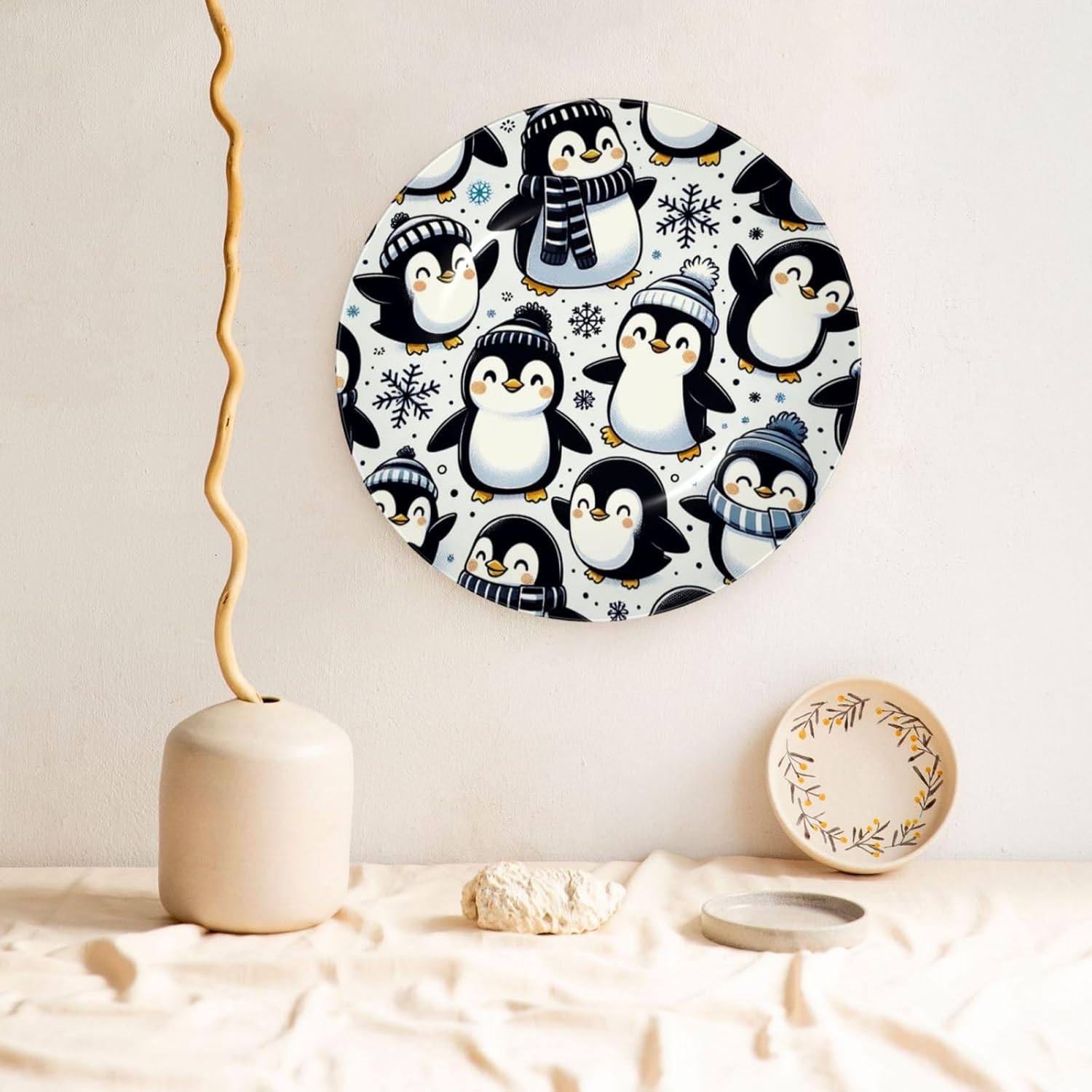 Kawaii-Penguins-Snowflake 10 Inch Decorative Plate With Stand, Elegant Display Wall Plate For Home Decor