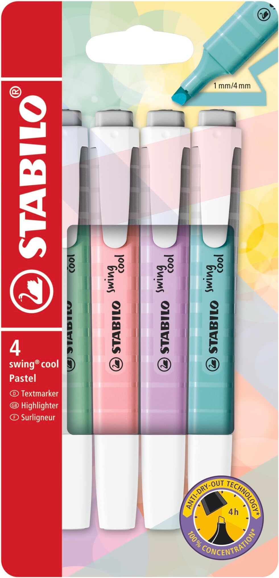 STABILO swing cool Pastel - Highlighter - Pack of 4 - Hint of Mint, Pink Blush, Lilac Haze, Touch of Turquoise