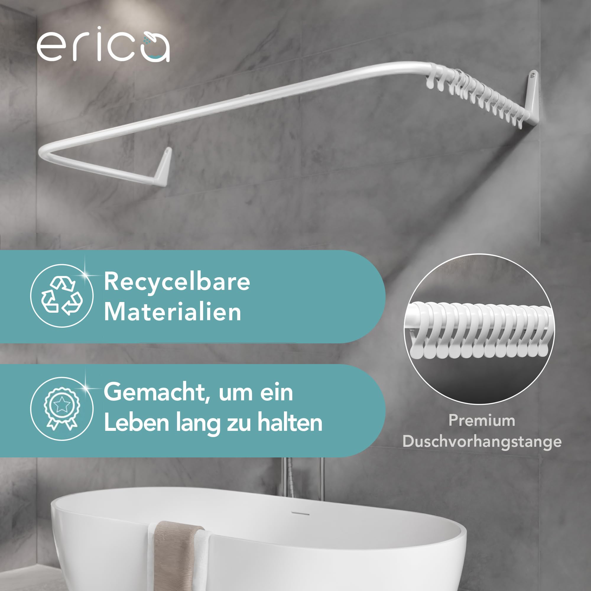 Erica Duschstange U Form, 70x165x70 cm, Montage Gegen die Wand, Eckduschstange für Badewanne ohne Halterung an der Decke, 100% Rostfrei (weiß)