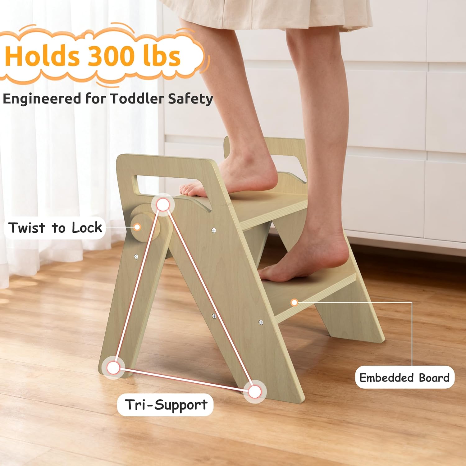 Wooden 2 Step Stool for Kids Bathroom Foldable 2-Step for Toilet Potty Training, Child Stepping Stool for Kitchen Nursery Bedroom - Image 4