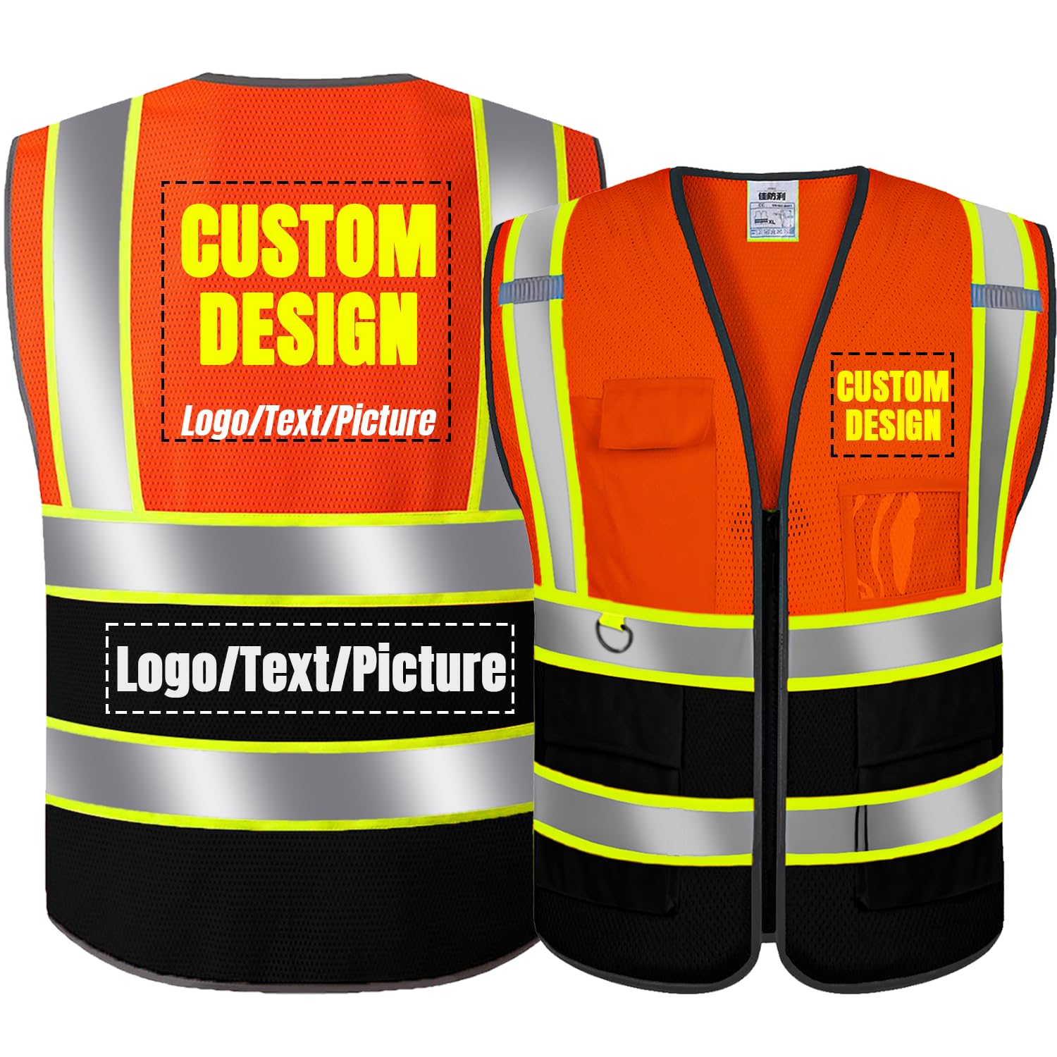 BeautyWill Custom Logo Class 2 Safety Vest Customized Reflective Work Vest Personalized High Visibility Vest with Pockets?Orange Black?4XL?