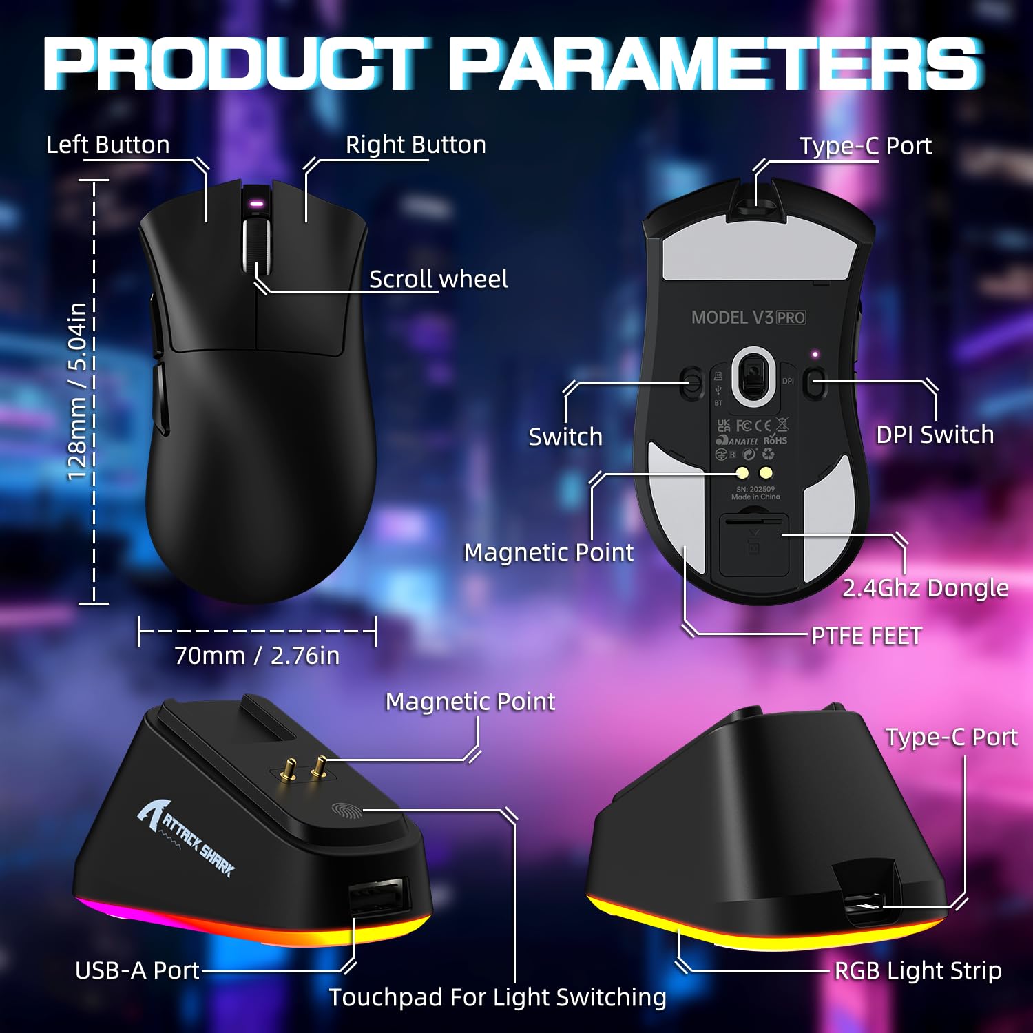 ATTACK SHARK V3PRO Mouse Gaming Senza Fili Con Dock Ricarica Magnetico, PixArt PAW3311, Fino A 25000 DPI, BT/2.4GHz/Filiato, 100M Clic, 500mAh, 65g Ultra-Leggero Per Win11/Xbox/PS/Mac - Nero